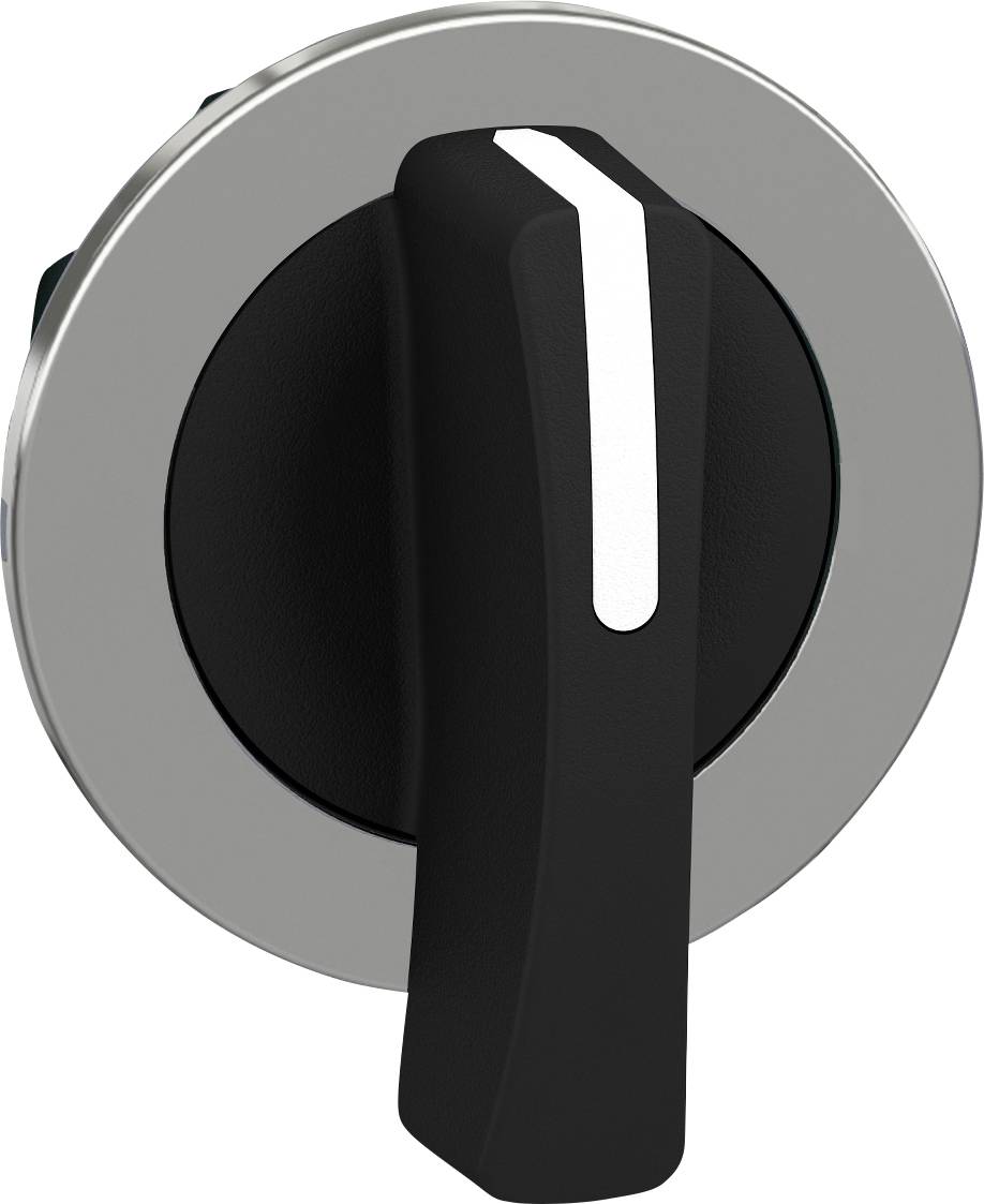 Ein runder, schwarzer Drehschalter mit einem silbernen Rahmen und einem weißen Streifen auf dem Griff, der eine Position anzeigt.