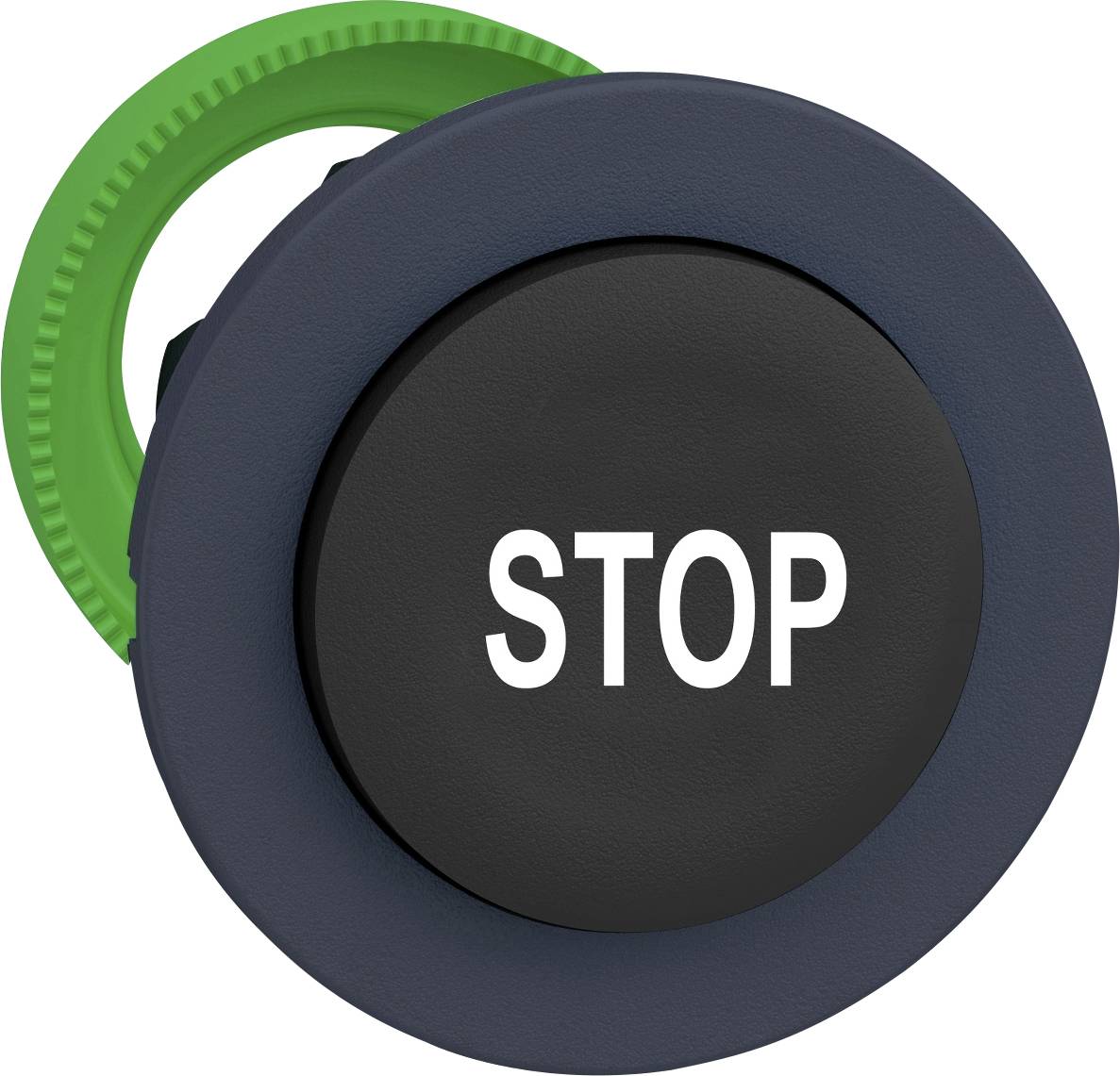 Schwarzer Not-Aus-Taster mit weißem Text 'STOP'; grüner Ring im Hintergrund signalisiert Bereitschaft oder Aktivierung.