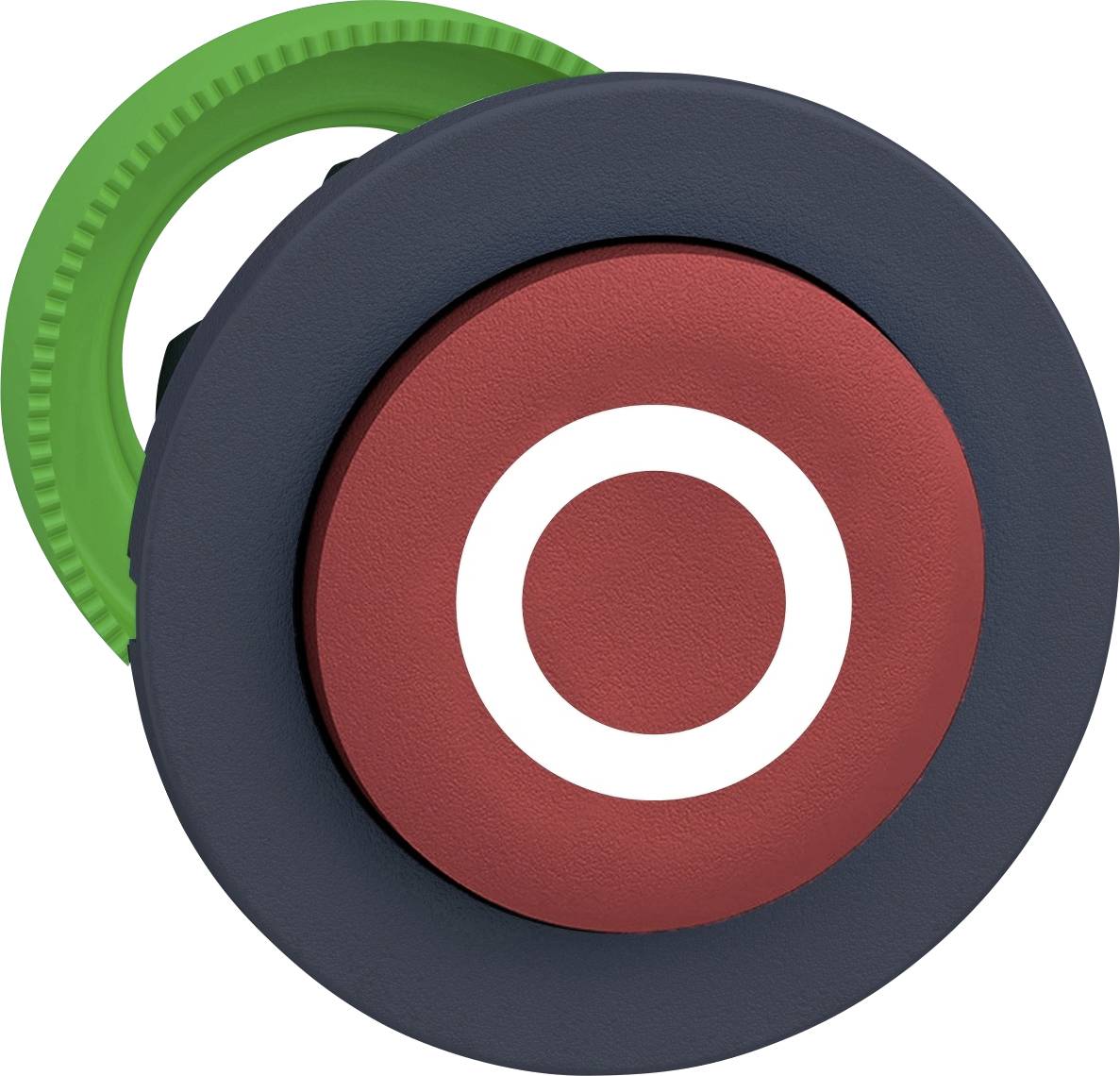 Ein großer roter Knopf mit einem weißen Kreis in der Mitte, umgeben von einem schwarzen Ring. Mögliche Verwendung als Not-Aus-Taste.