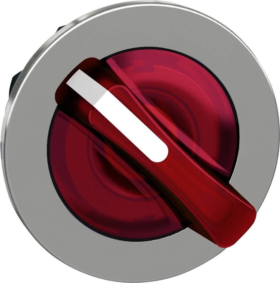 Roter Schalterknopf mit weißem Streifen in der Mitte, eingebettet in silbernem Sockel. Dient zur Steuerung oder Aktivierung elektronischer Geräte.