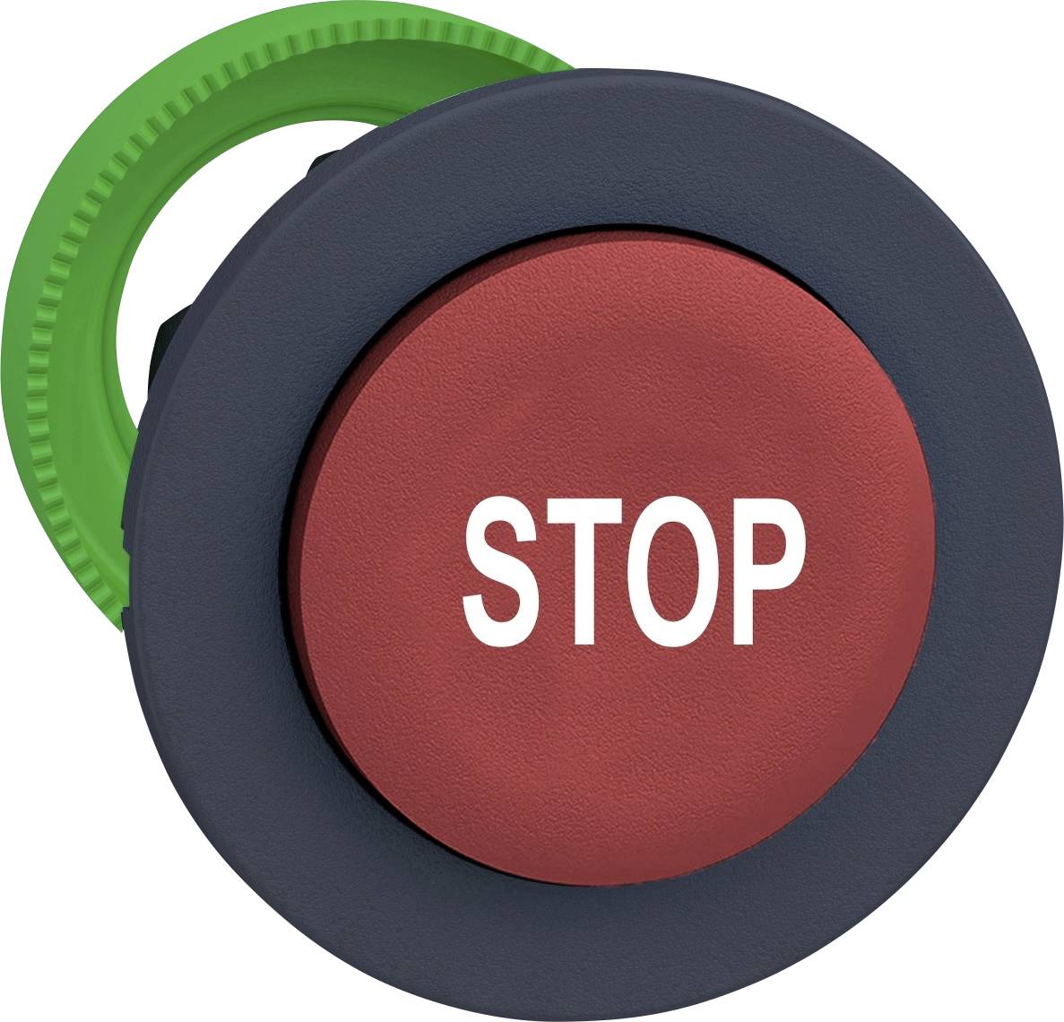 Roter Not-Aus-Schalter mit der Aufschrift 'STOP', umgeben von einem grünen Ring, zur schnellen Deaktivierung von Maschinen.