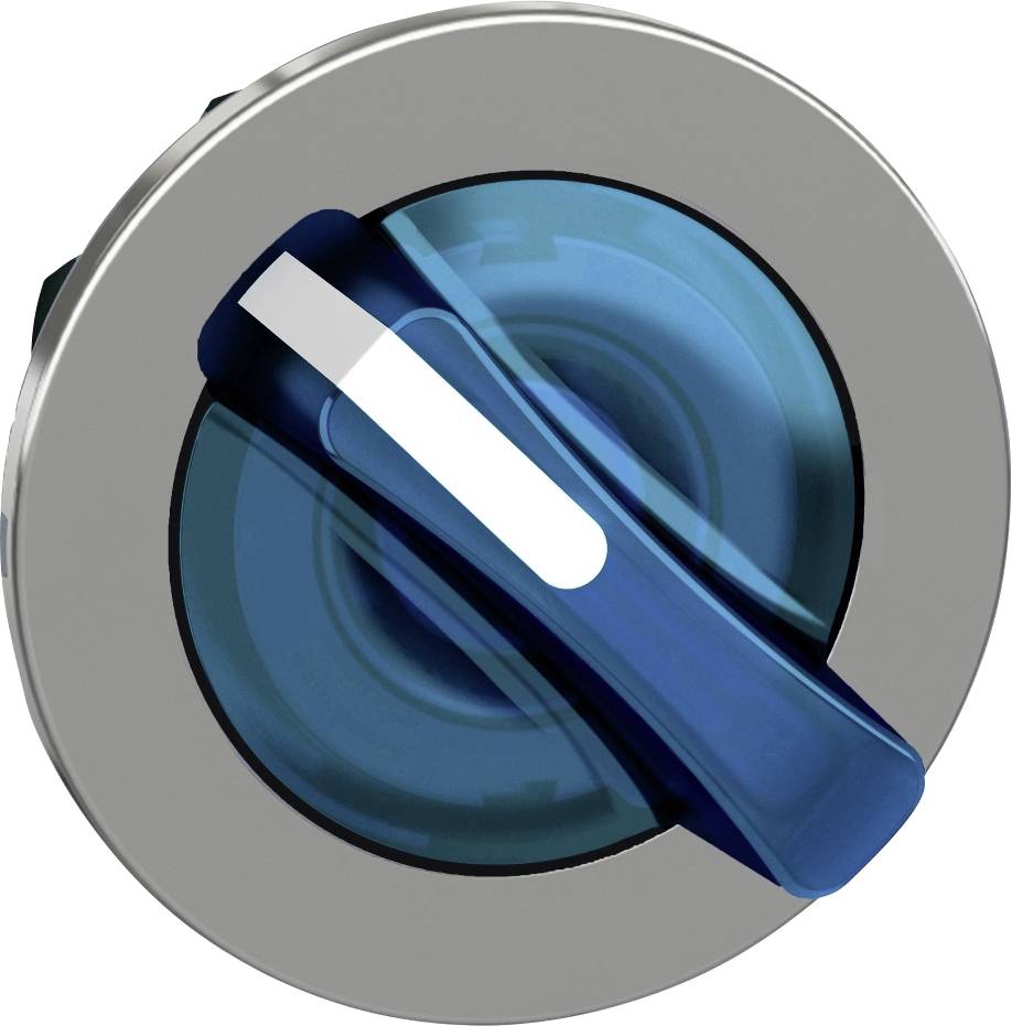 Runder, blauer Drehschalter auf metallischer Platte, zeigt Betriebszustand an. Nutzung in elektrischen oder mechanischen Anwendungen.