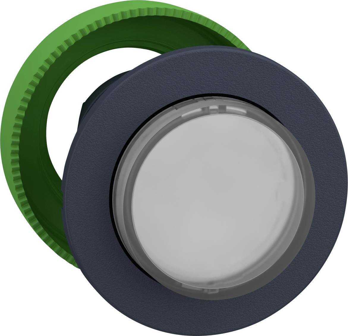 Ein runder, grauer Druckknopf mit einem grünen Ring, wahrscheinlich ein Teil eines größeren technischen oder mechanischen Systems.
