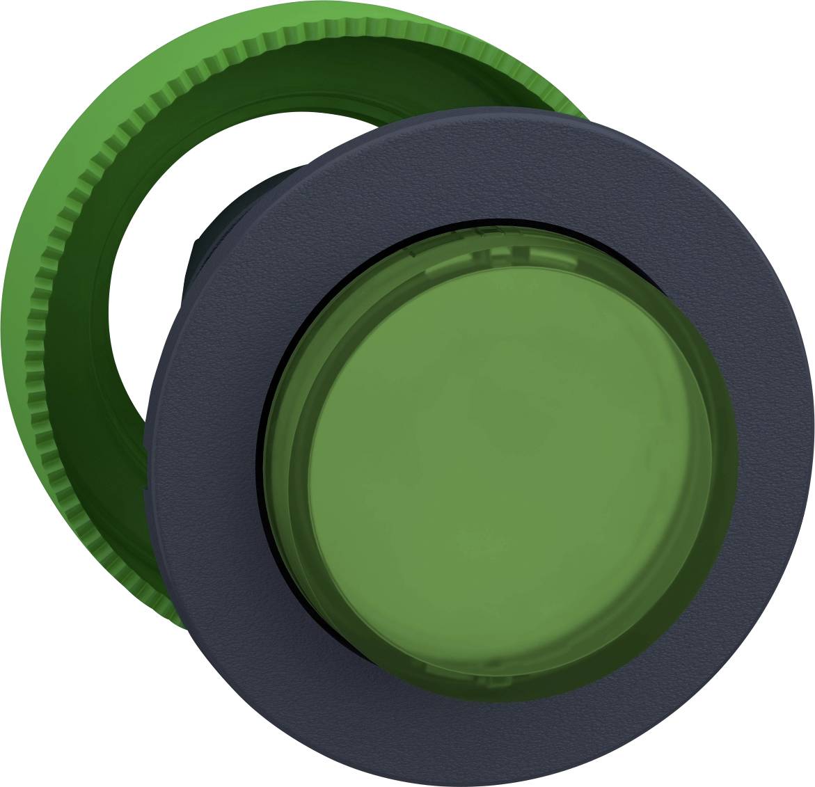 Grüner Knopf zum Drücken, typisches Designelement für Steuergeräte oder Schalter, symbolisiert oft Start oder Aktivierung.