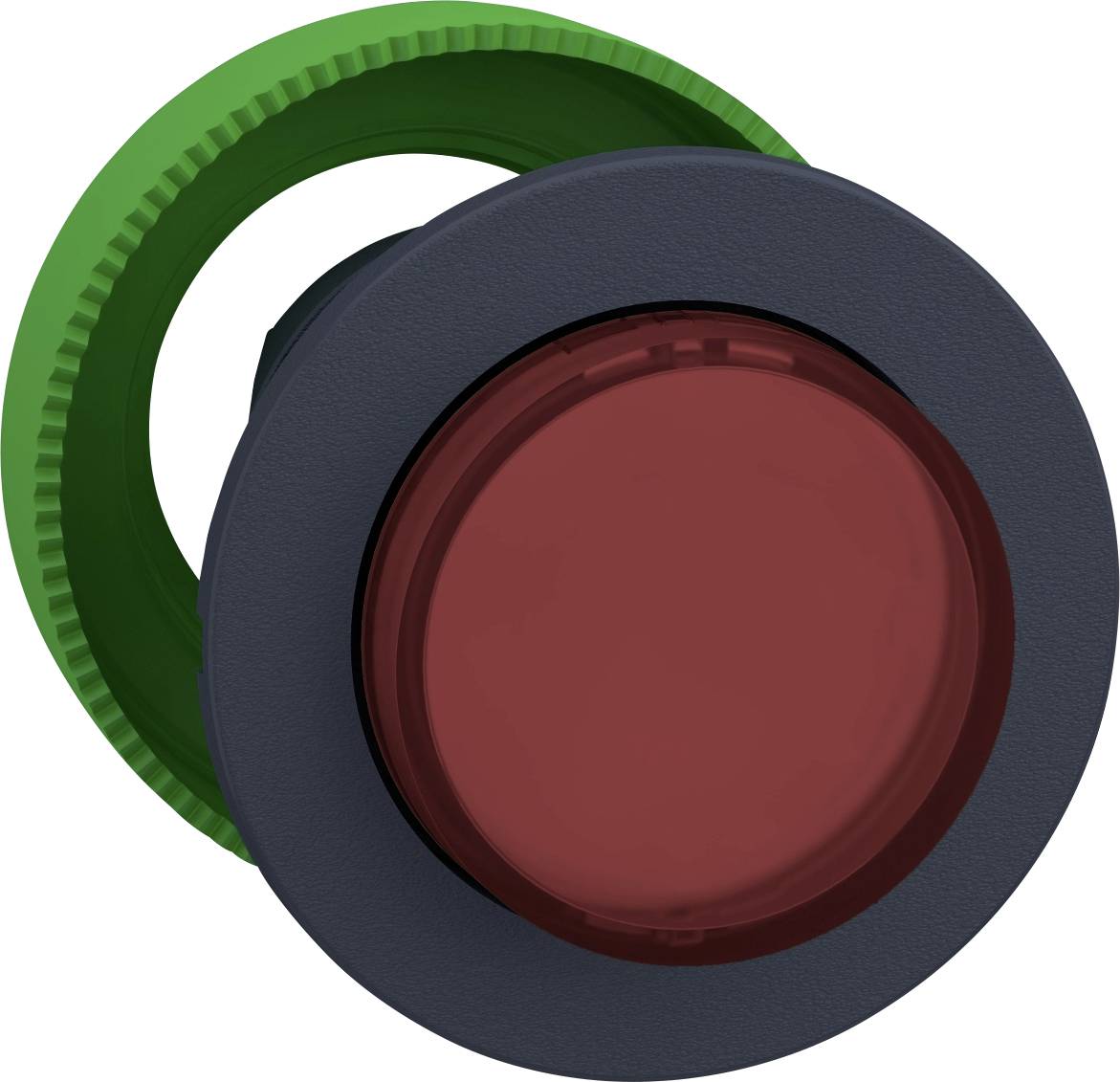 Roter Knopf auf dunkelgrauem Hintergrund mit grünem Ring, typischerweise für Not-Aus-Funktion in Maschinensteuerungen verwendet.