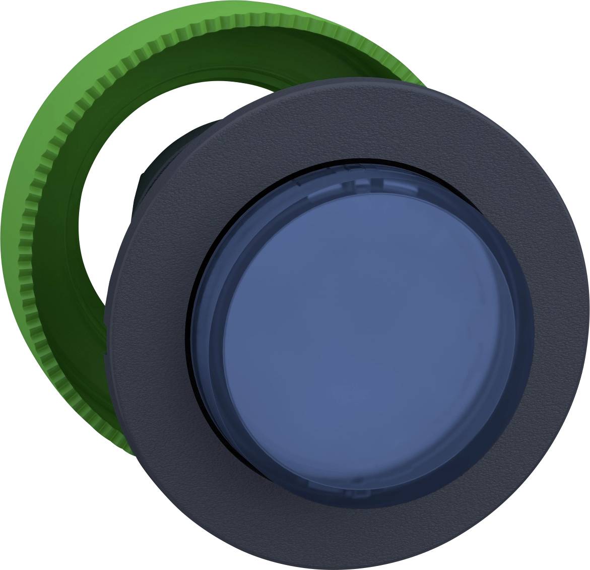 Eine Nahaufnahme eines blauen Druckknopfs, umgeben von einem grünen Ring, vor einem neutralen Hintergrund.