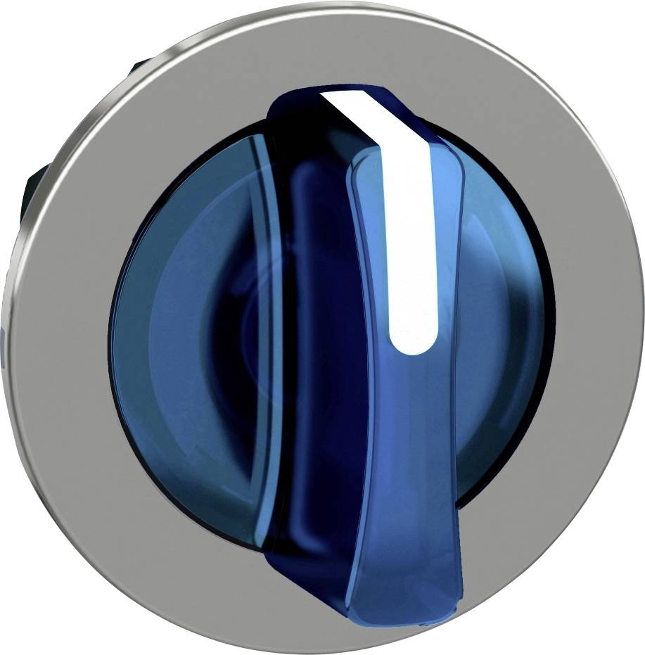 Ein blauer, transparenter Drehknopf mit weißer Markierung auf einer metallischen Oberfläche, möglicherweise zur Bedienung eines Geräts.
