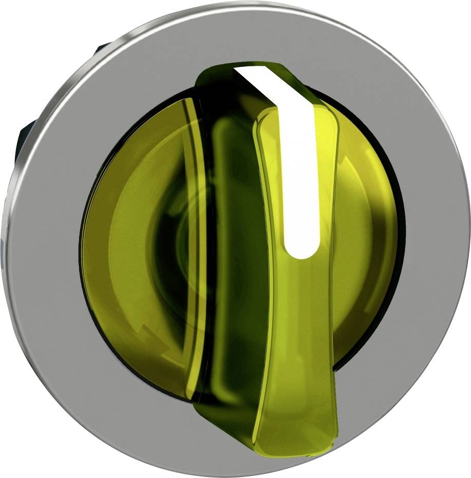 Ein gelber Drehschalter mit transparentem Hebel auf einer grauen runden Basis, oft in elektronischen Geräten verwendet.