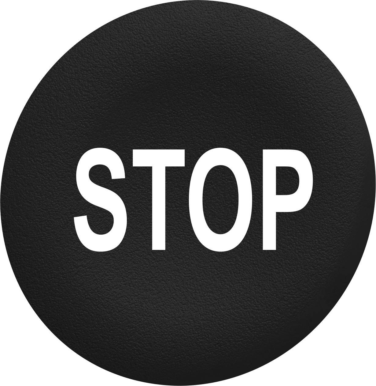 'STOP' in weißen Buchstaben auf einem schwarzen, runden Hintergrund.