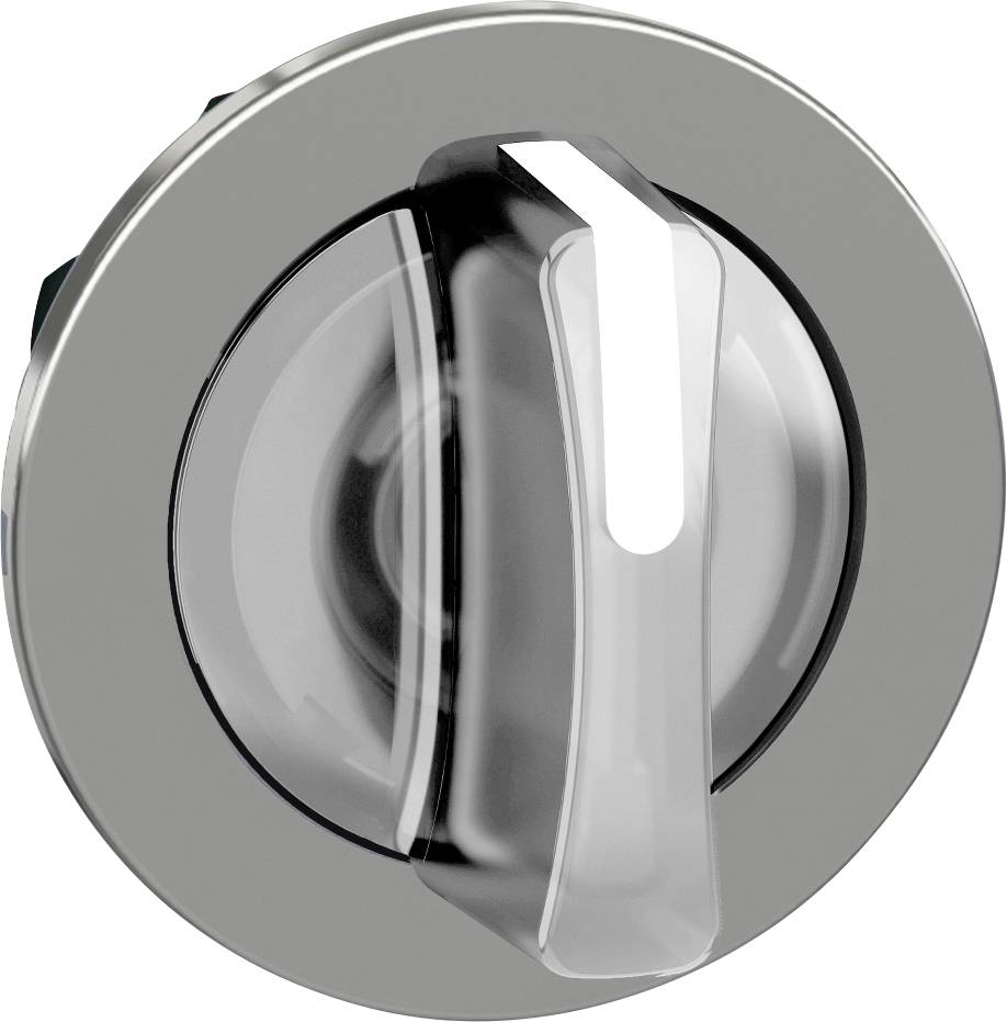 Ein glänzender, runder Drehknopf in hellem Silber mit transparenter Griffleiste, auf einer hellen Oberfläche montiert.