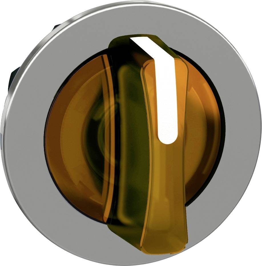 Ein runder, orangefarbener Drehknopf aus Kunststoff, der auf einer silbernen Metalloberfläche montiert ist.