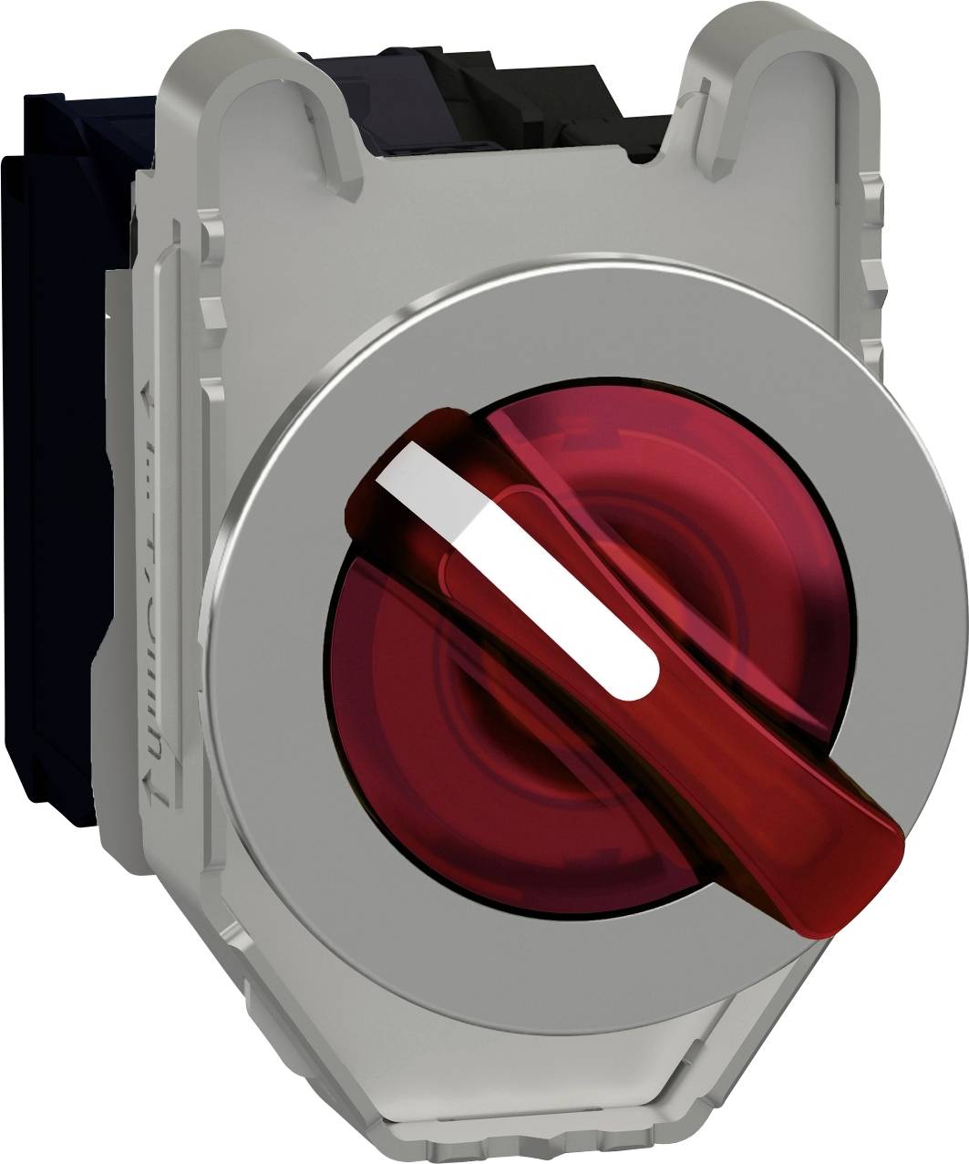 Ein roter, runder Druckschalter in einem grauen Gehäuse. Der Schalter scheint für den Einsatz in elektronischen Geräten geeignet zu sein.