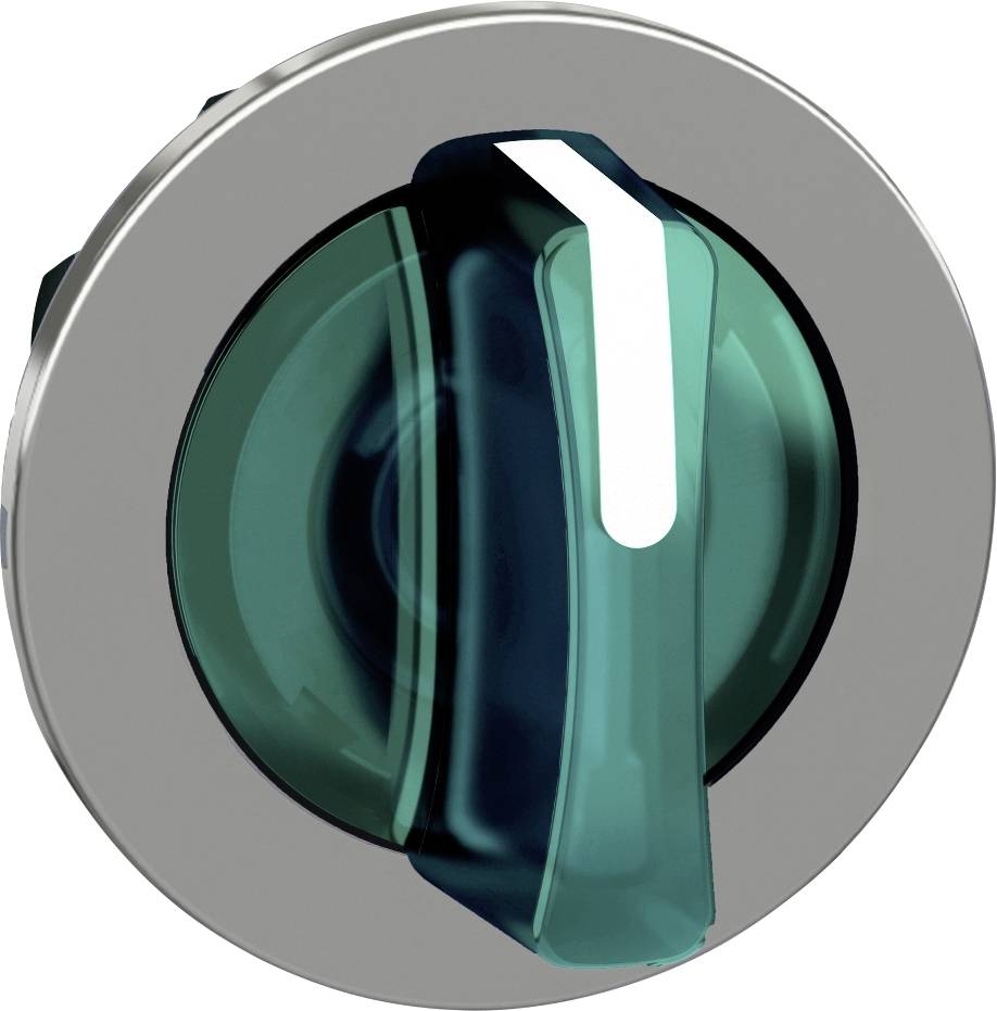Metallknopf mit transparenter, türkisfarbener Griffleiste zur Steuerung von Geräten oder Maschinen, in neutraler Position dargestellt.