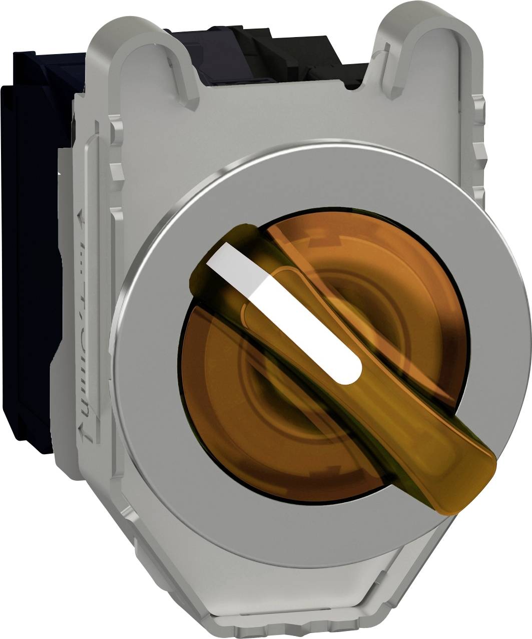 Silberfarbener, runder Drehschalter mit orangefarbenem Griff und schwarzem Sockel. Wird zur Steuerung von elektrischen Geräten benutzt.