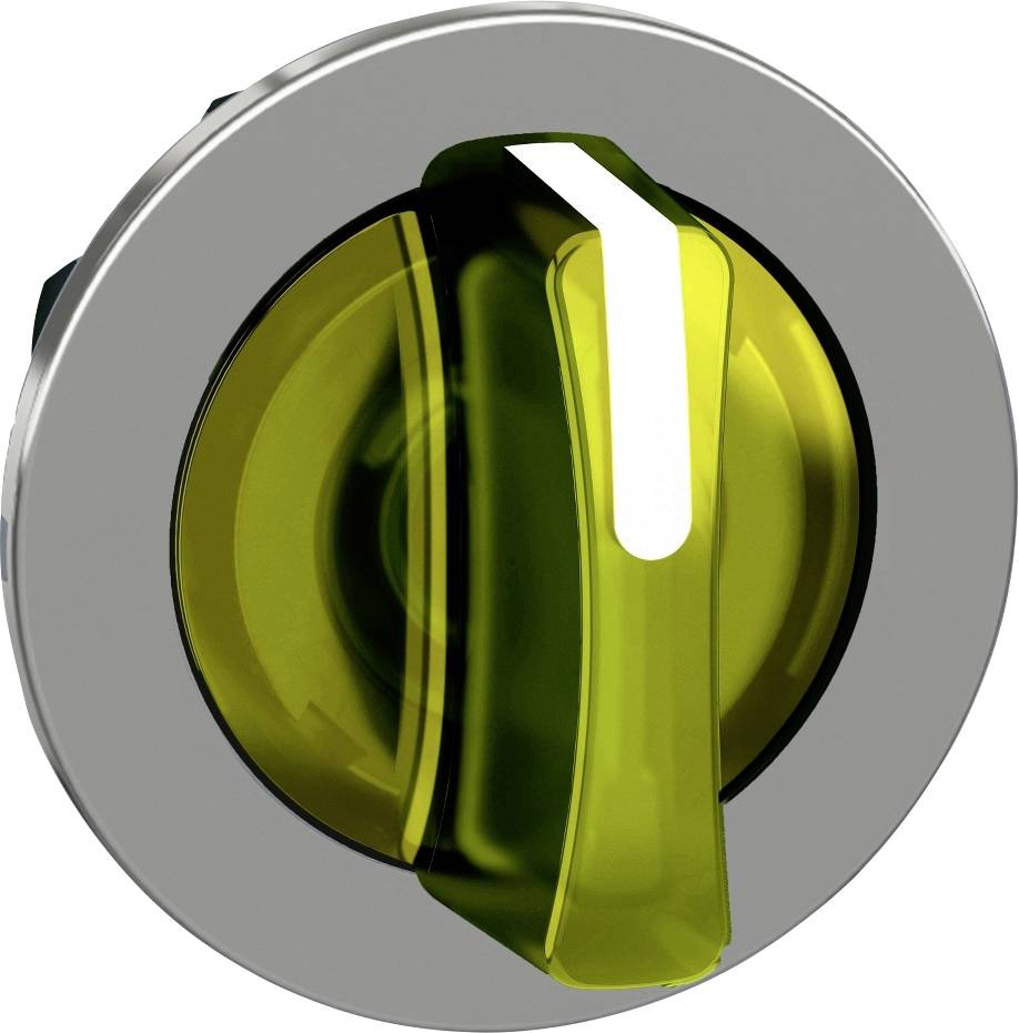 Ein runder Schalter mit einem gelben, transparenten Griff in einer ausgerichteten Position, montiert auf einer metallisch glänzenden Scheibe.