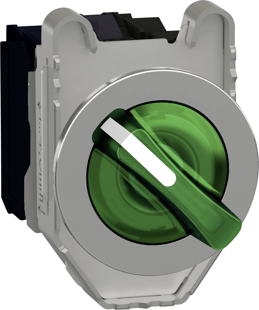 Ein grüner Drehknopf in neutraler Position auf einem Schaltkasten, verwendet zur Steuerung elektrischer Geräte.