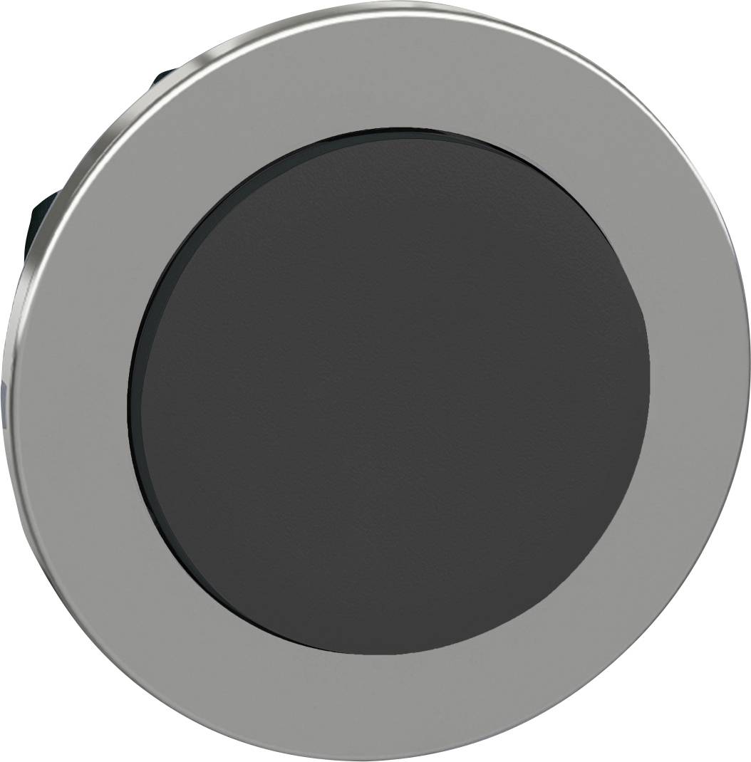 Ein runder, schwarzer Druckknopf mit silberfarbenem Rand, geeignet für elektronische Geräte oder Maschinensteuerung.