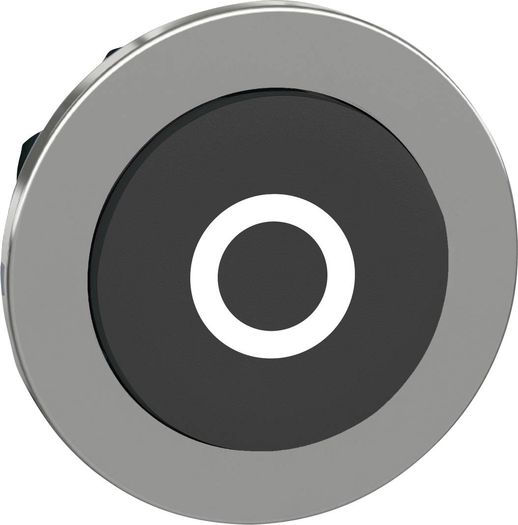 Ein runder schwarzer Knopf mit einem weißen Kreis in der Mitte auf einem metallischen Hintergrund.