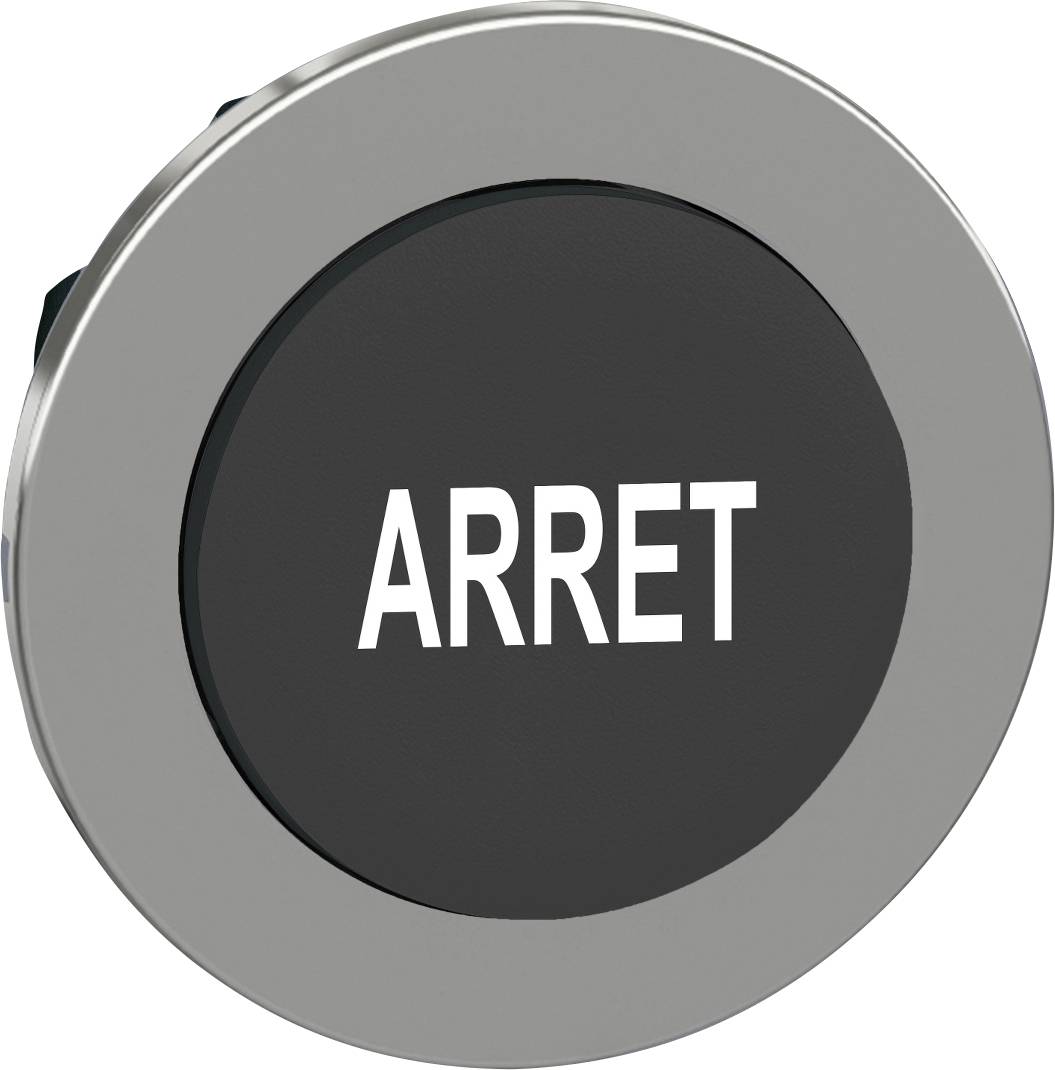 Schwarzer Stop-Knopf mit weißer Aufschrift 'ARRET', auf grauem Rahmen montiert.