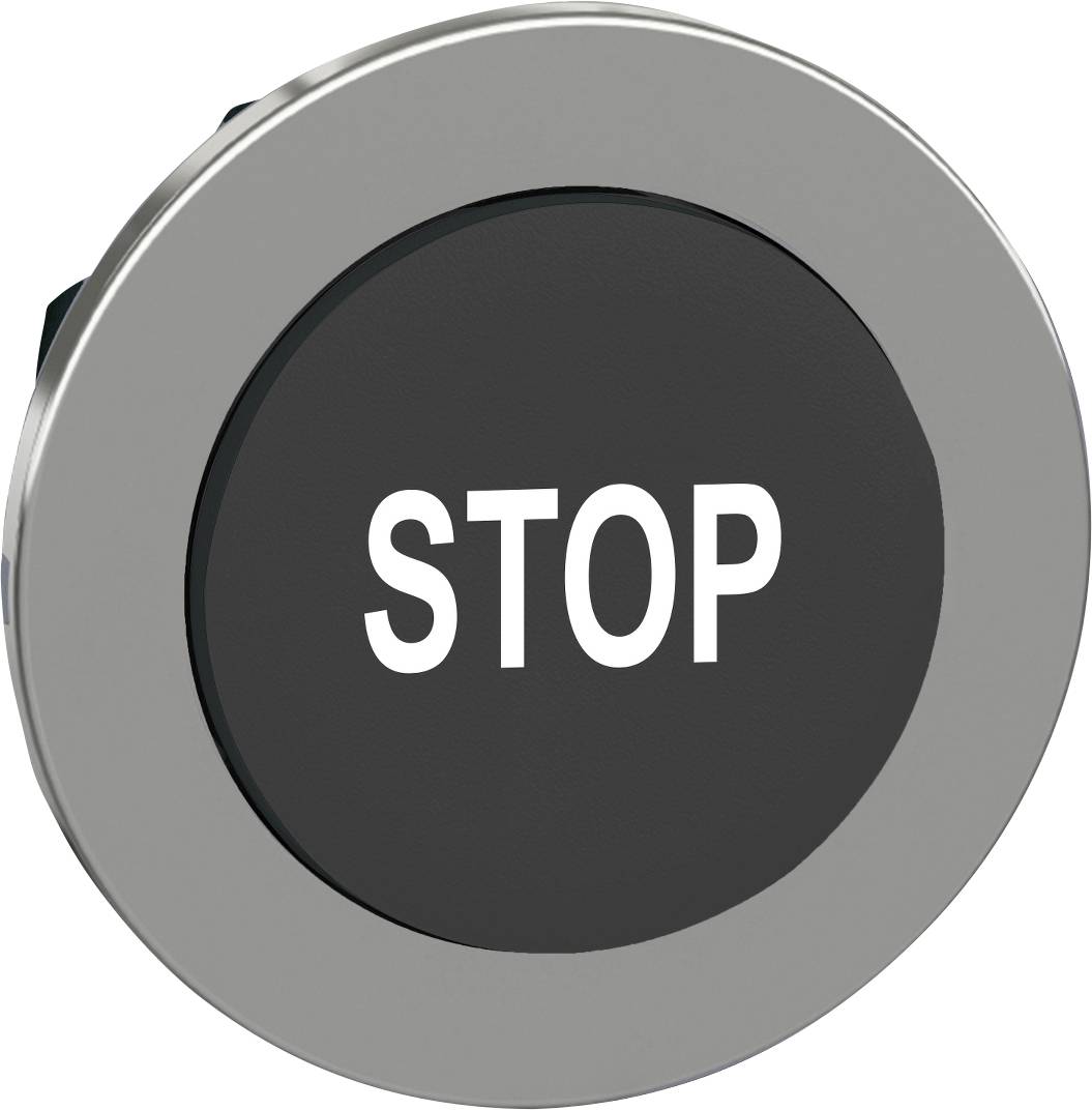 Schwarzer Kreisbutton mit weißer Aufschrift 'STOP'.