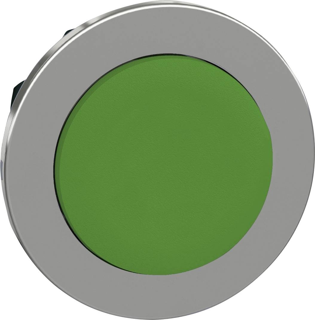 Grüner runder Knopf mit silbernem Rand.