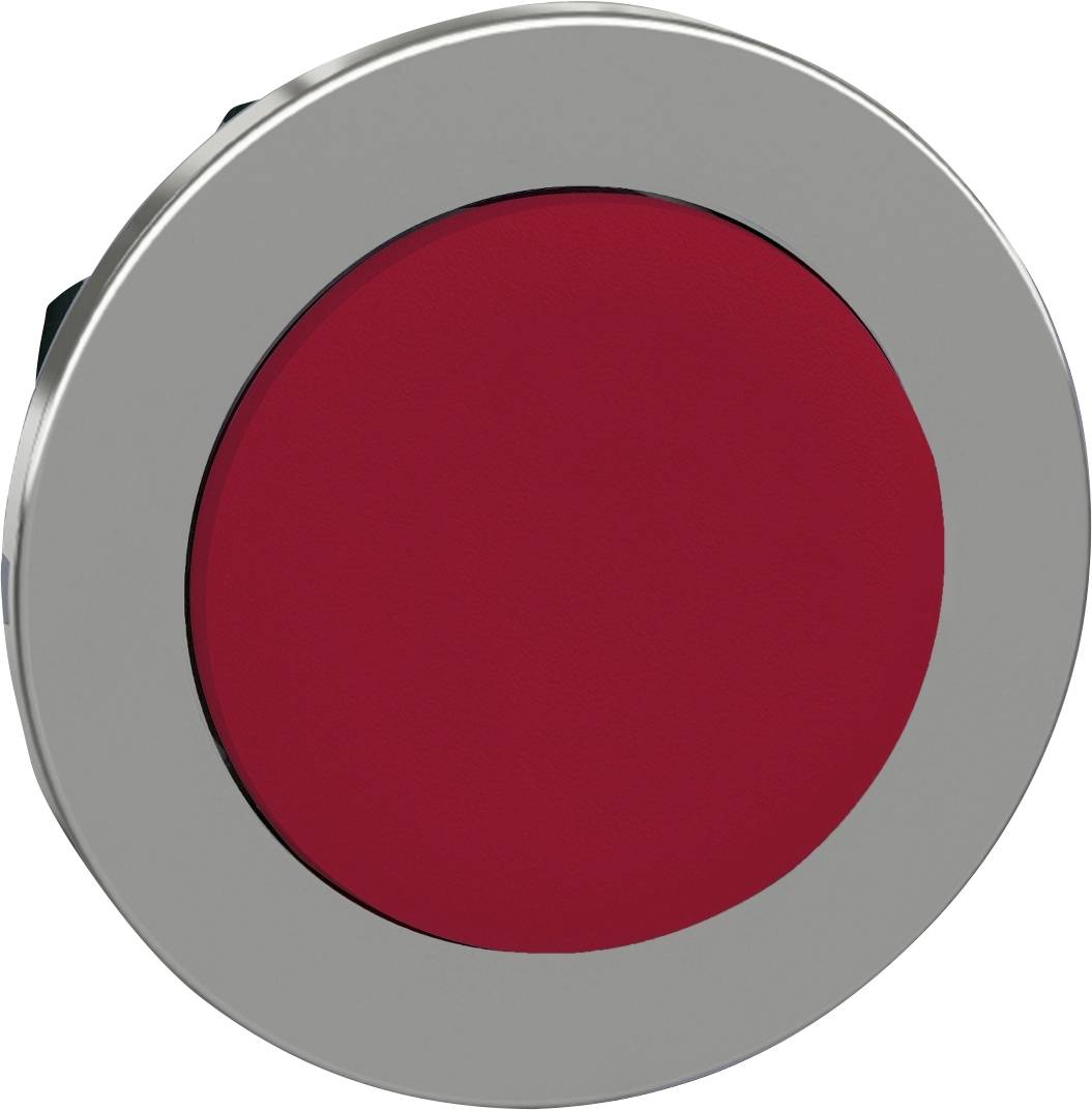 Runder roter Druckknopf in einem silbernen Gehäuse. Der Knopf ist glatt und möglicherweise Teil eines elektronischen Geräts oder Schalttafelsystems.