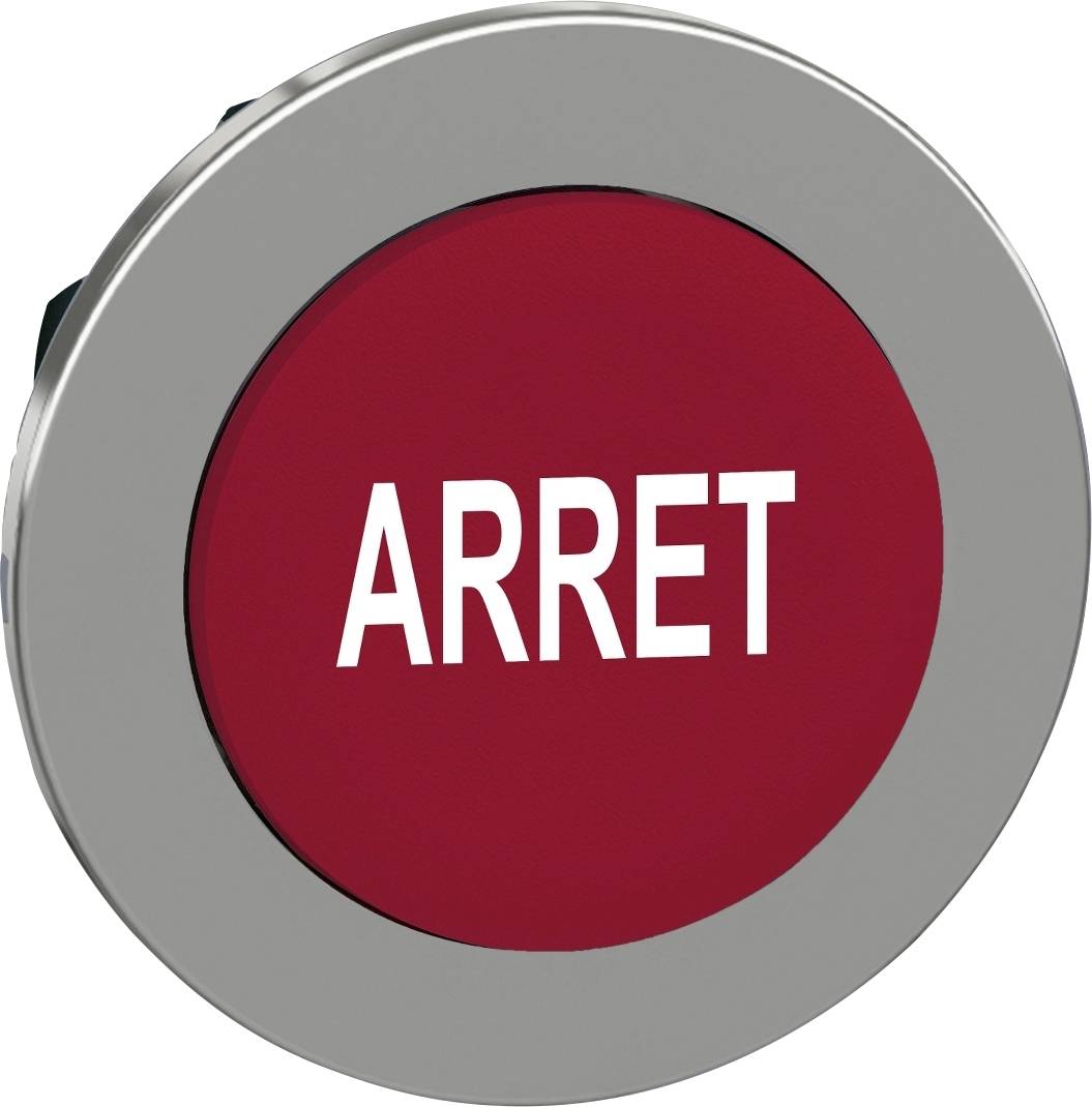 Roter Not-Halt-Knopf mit 'ARRET' in weißer Schrift; signalisiert Stopp oder Abschaltung in einer Maschine oder einem System.
