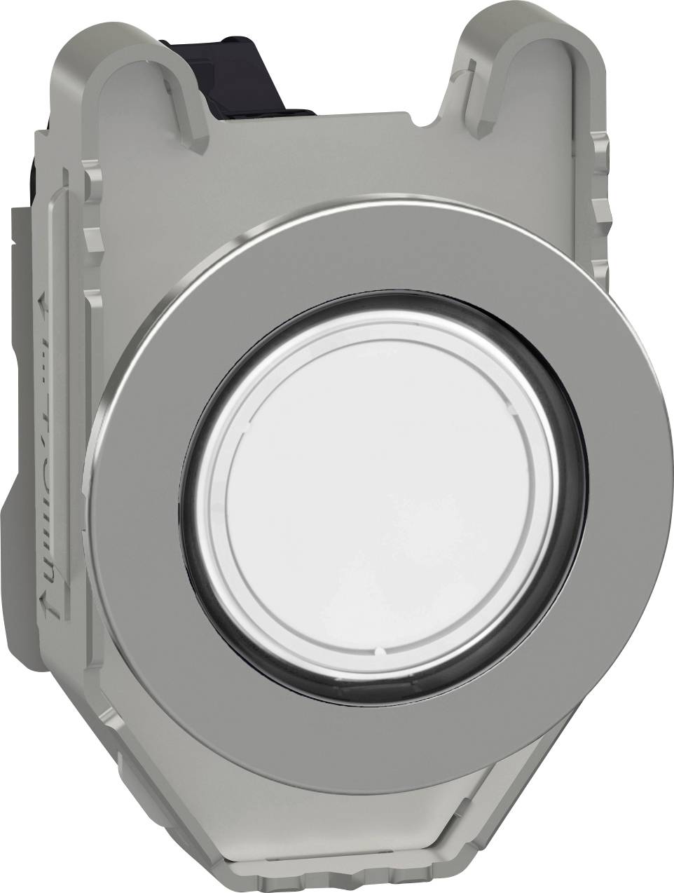 Metallschalter mit kreisförmigem, beleuchtetem Druckknopf, umgeben von einer silbernen Fassung.