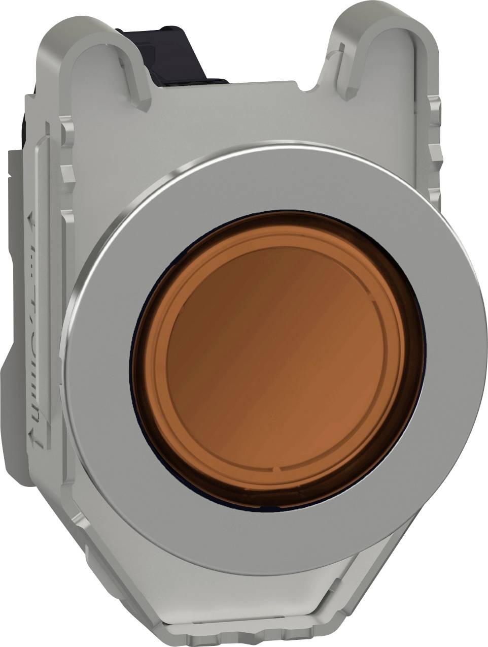 Ein silberner Schalter mit einem großen, orangefarbenen Knopf in der Mitte. Der Hintergrund ist neutral und schlicht.