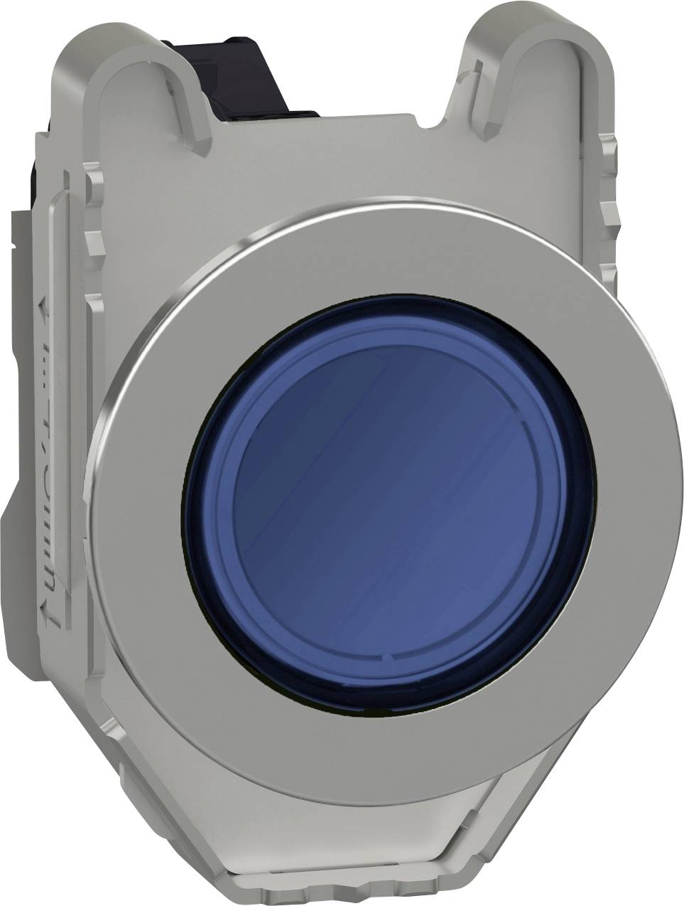 Ein metallischer Druckknopf mit blauem Einsatz. Er hat eine runde Form und ist für industrielle Steuerungen geeignet.