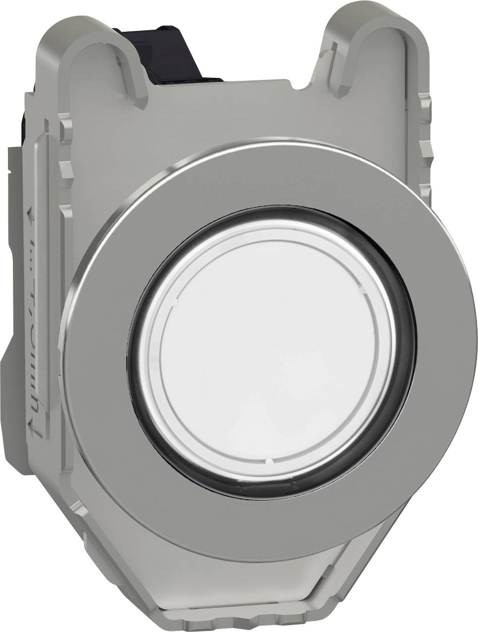 Industrieknopf aus Metall mit großem, zentralen weißen Druckbereich. Geeignet für Maschinensteuerung oder industrielle Anwendungen.