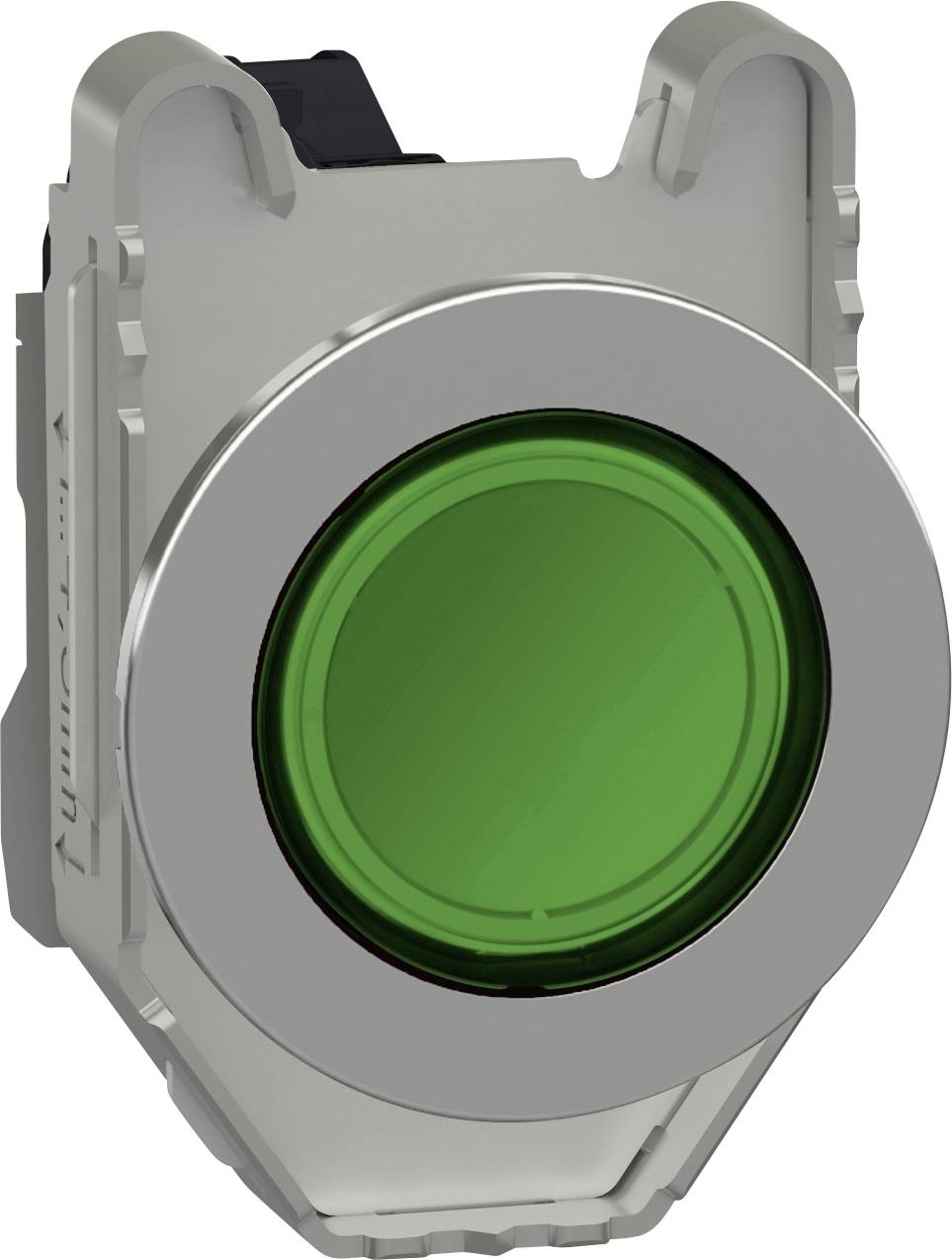 Grüner metallischer Druckknopf mit runder Form, verwendet für Bedienfelder oder Maschinensteuerungen.