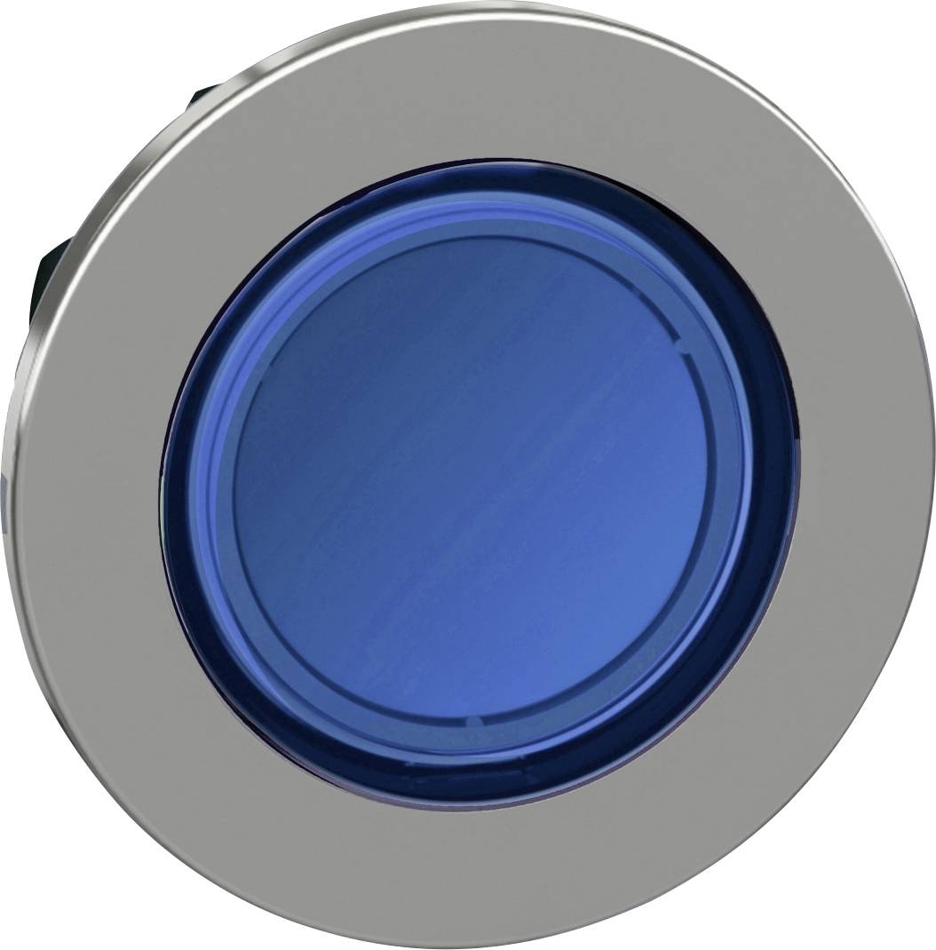Ein runder, blauer Druckknopf mit Metallumrandung.