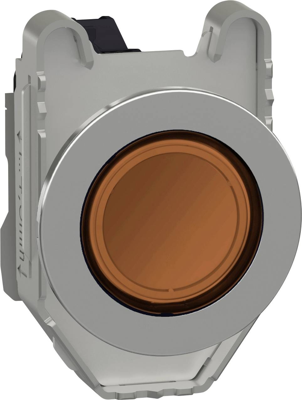 Ein runder, metallischer Drucktaster mit einem orangefarbenen Zentrum. Verwendet zur Steuerung oder Aktivierung in technischen Geräten.