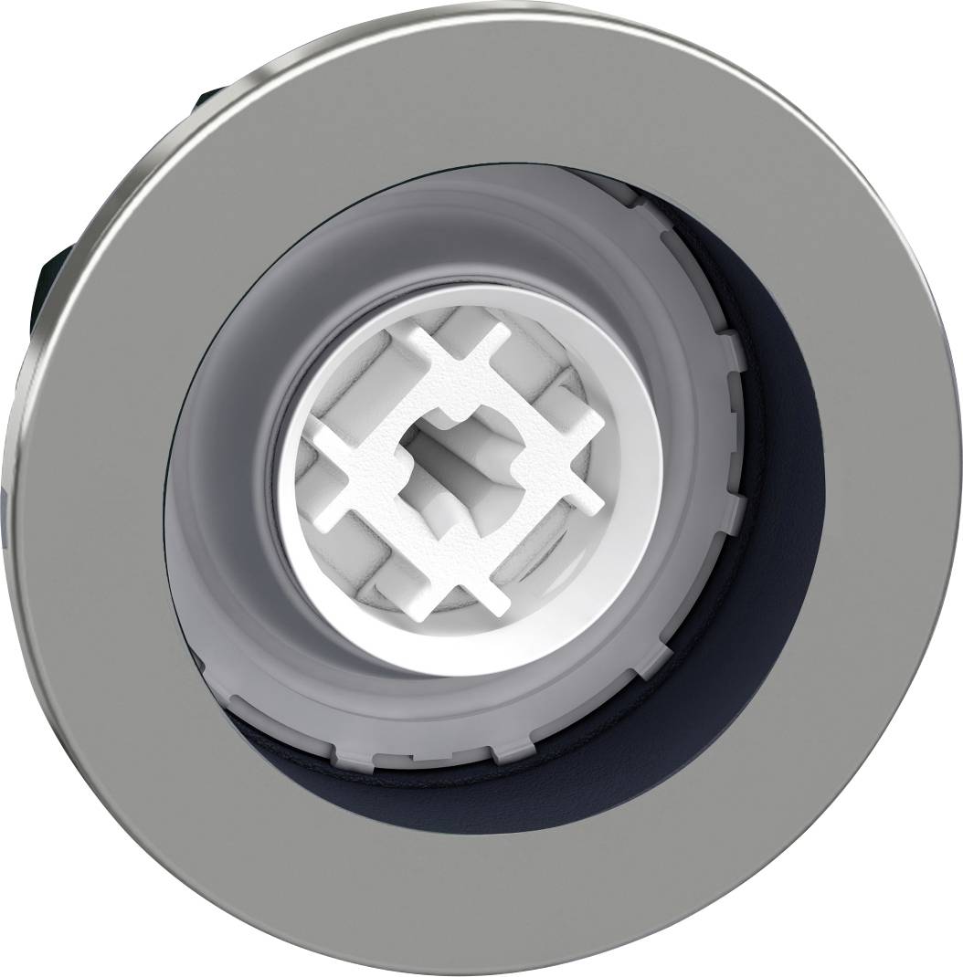Rundes Metallteil aus silberfarbenem Material mit einem weißen, kreuzförmigen Einsatz in der Mitte, möglicherweise ein mechanisches Bauteil.
