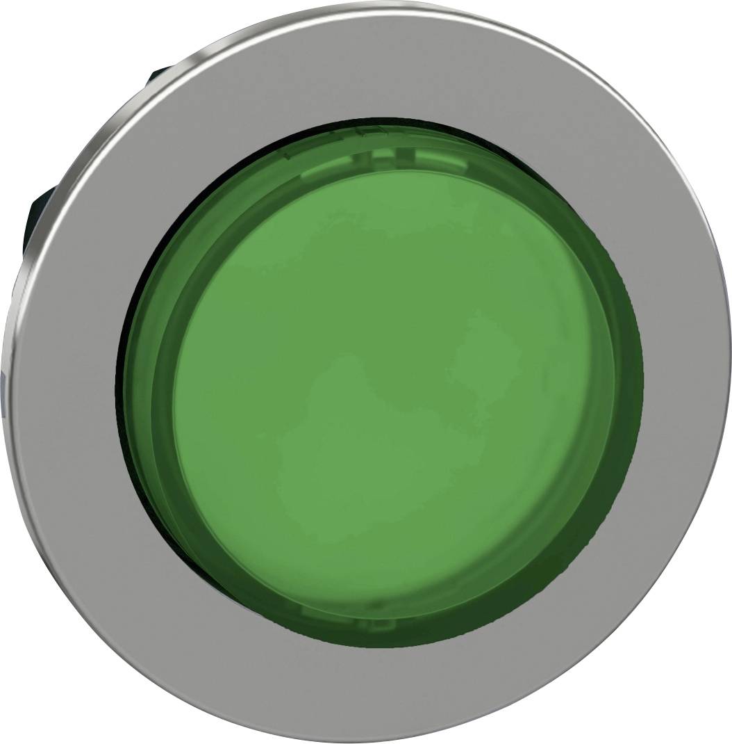 Ein grüner runder Knopf, möglicherweise ein betriebsbereiter Schalter, mit einem silbernen Rahmen.