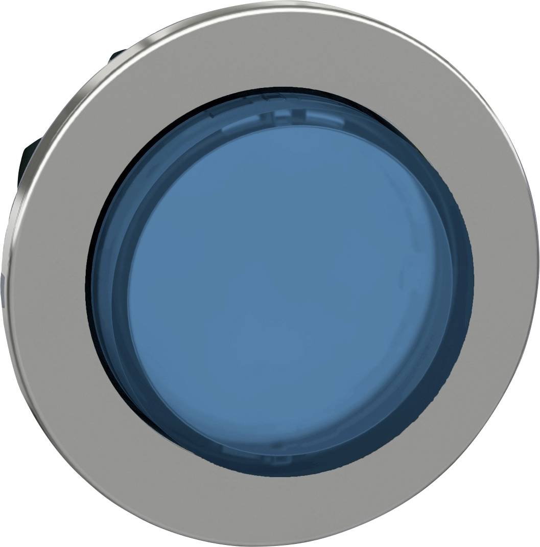 Ein runder, blauer Druckknopf mit silbernem Rand, vorwiegend zur Steuerungsbedienung in Maschinen oder Geräten verwendet.