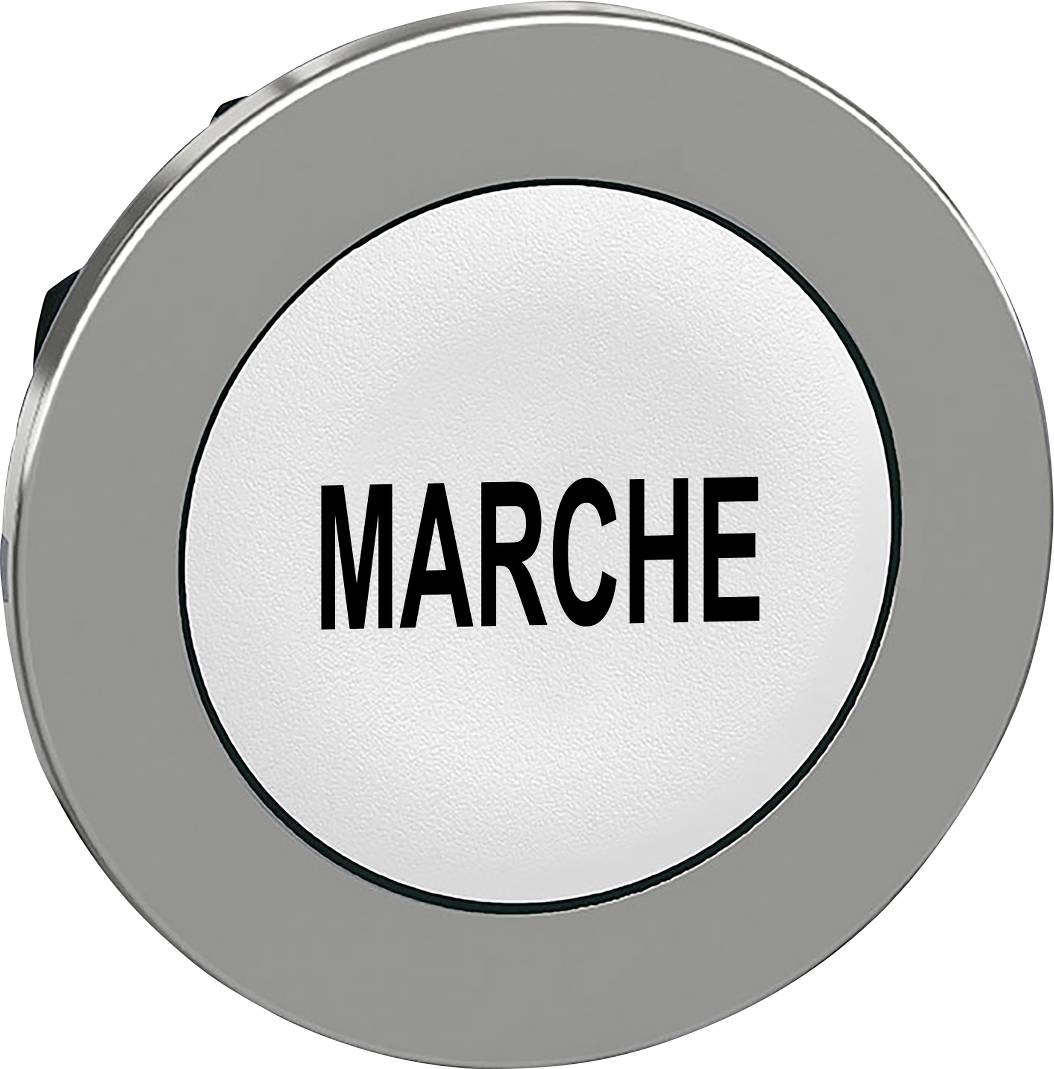 Ein runder, silberner Knopf mit der Aufschrift 'MARCHE' in schwarzen Großbuchstaben auf weißem Hintergrund.