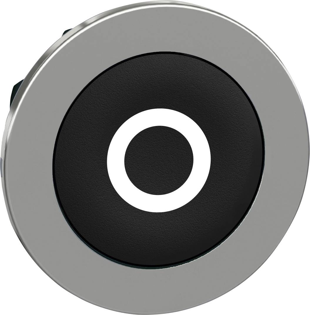Schwarzer Knopf mit silbernem Rand und einem weißen Kreis in der Mitte.