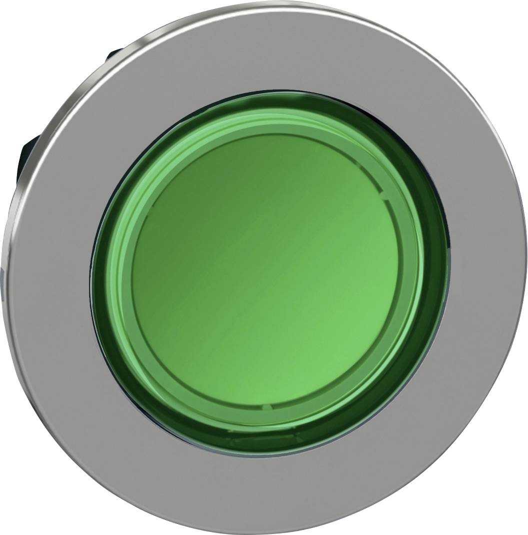 Grüner Knopf in einem silbernen Rahmen; symbolisiert Aktivierung oder Bestätigung in technischen oder elektronischen Anwendungen.