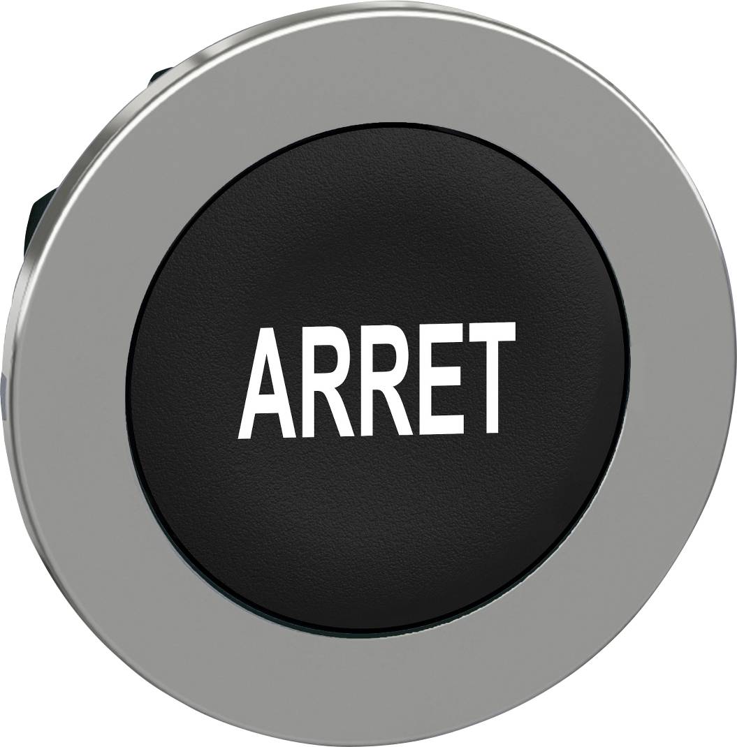 Runder, schwarzer Knopf mit der Aufschrift 'ARRET', was auf Französisch 'Stopp' bedeutet.