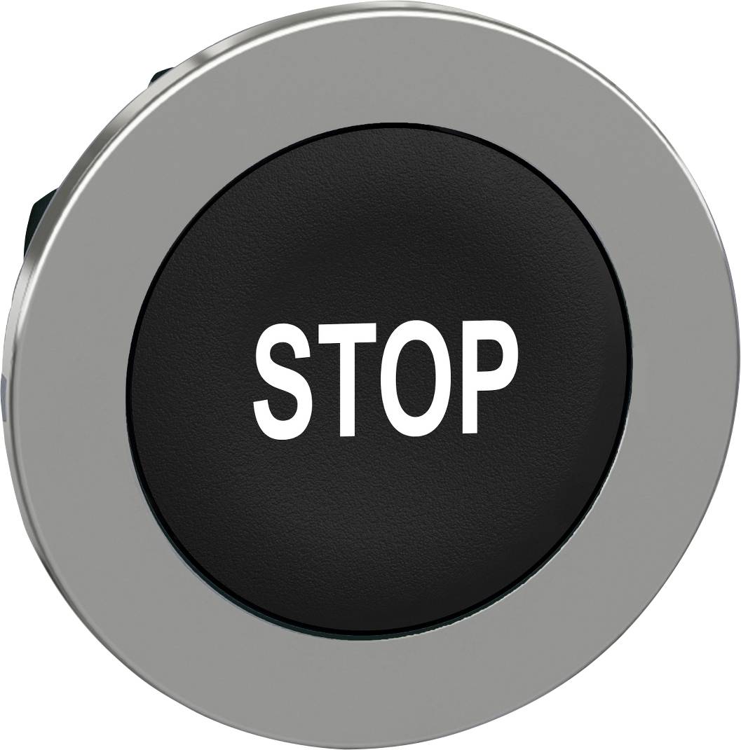 Ein runder Knopf mit der Aufschrift 'STOPP' in weißen Buchstaben auf schwarzem Hintergrund, umrahmt von einem grauen Ring.