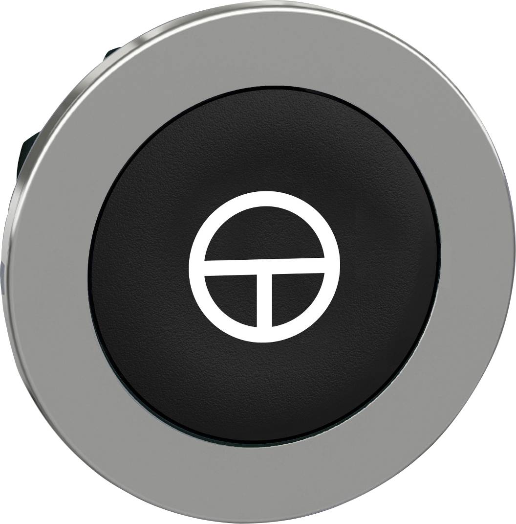 Ein runder, silberner Knopf mit schwarzer Mitte zeigt ein Symbol, das einen stilisierten Buchstaben darstellt.