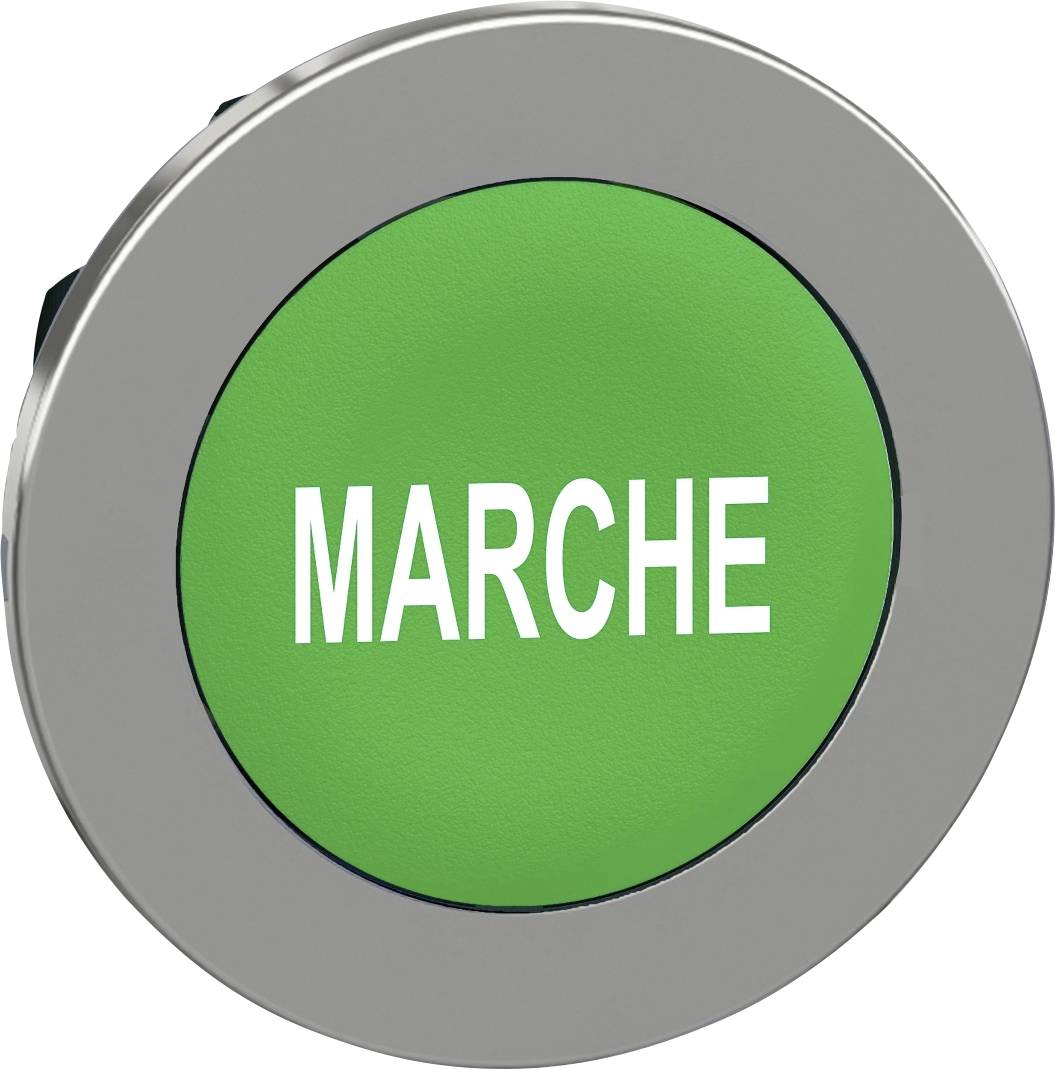 Grüner Knopf mit der Aufschrift 'MARCHE', umgeben von einem grauen Rahmen.