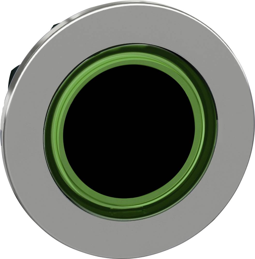 Ein runder, grüner Druckknopf mit metallischem Rand. Der Knopf ist dunkelgrün und leicht vertieft.