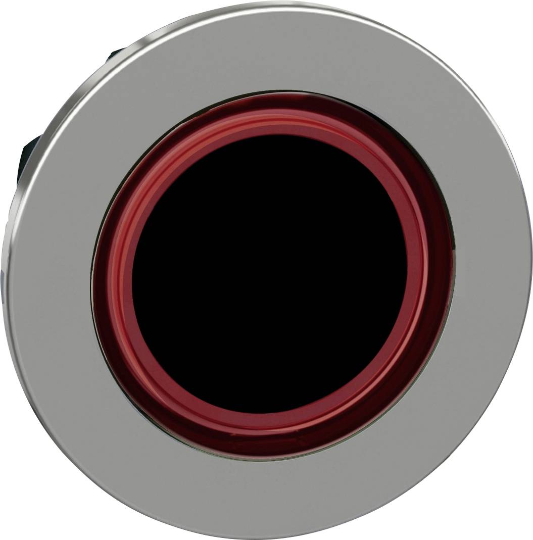 Runder, silberner Knopf mit rotem Rand und schwarzem Inneren. Möglicherweise ein Druckknopf für elektronische Geräte oder Maschinen.