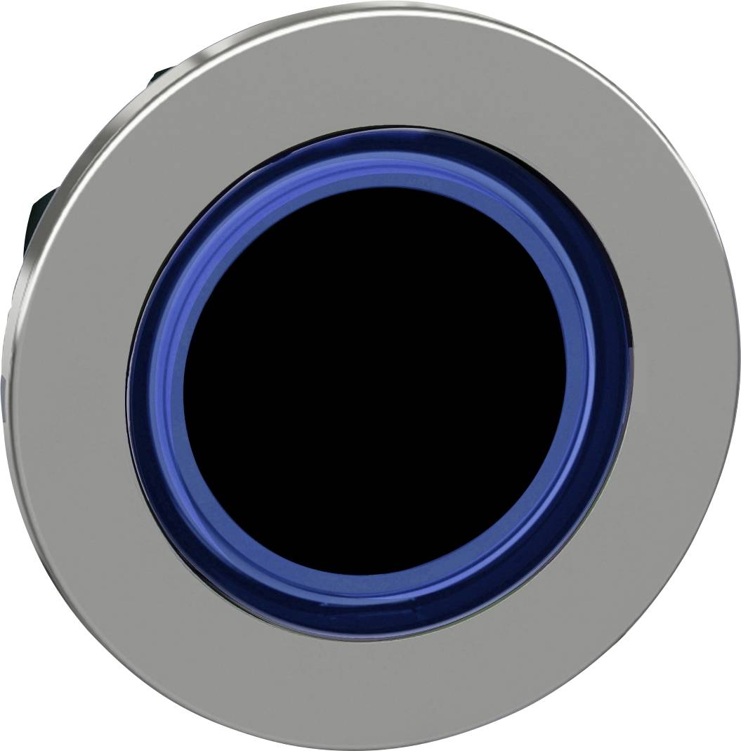 Ein runder Metallknopf mit leuchtendem blauem Rand, geeignet zur Steuerung oder als Schalter in technischen Geräten.