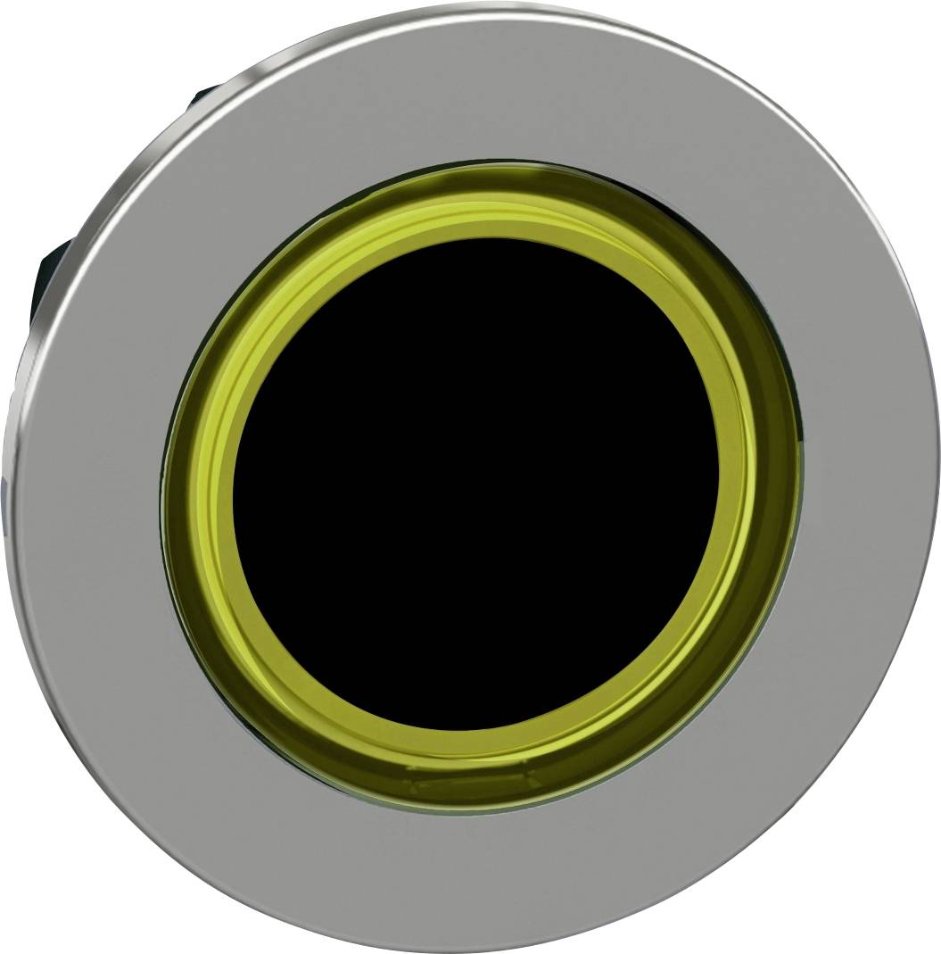 Ein runder, flacher Knopf mit einem silbernen Rahmen und einem gelben Ring.