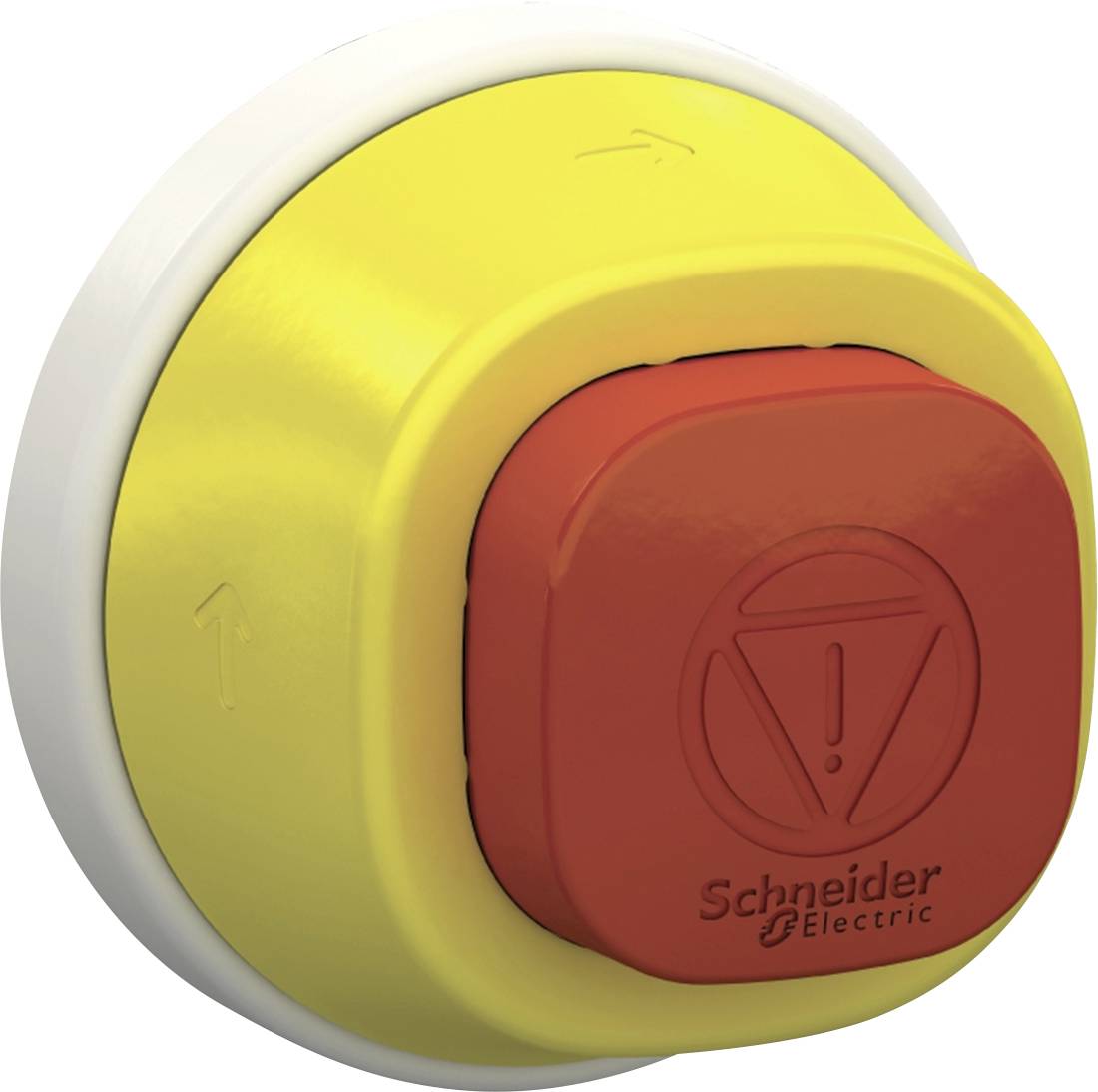 Not-Aus-Schalter von Schneider Electric in den Farben Gelb und Rot mit einem Warnsymbol.