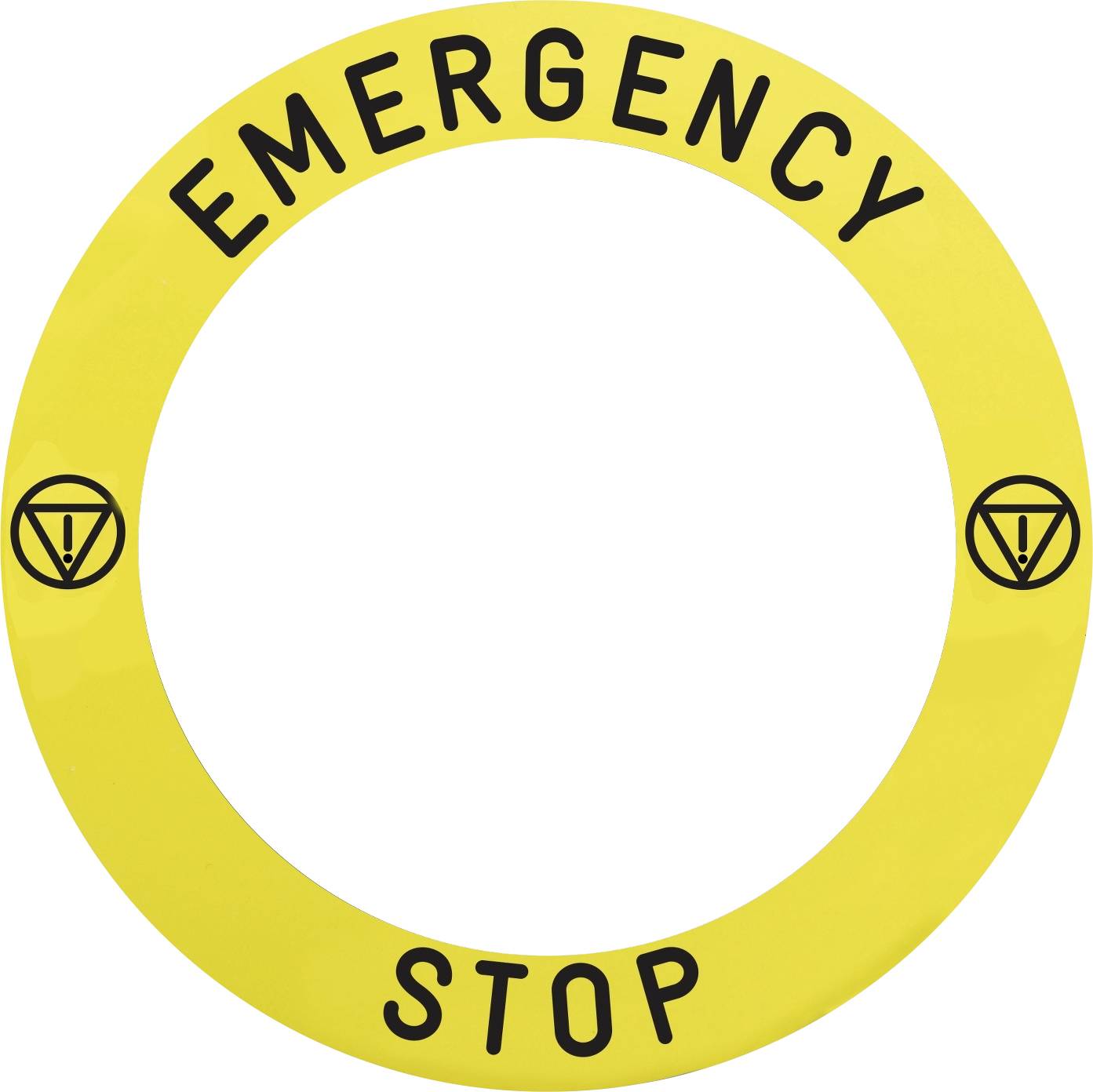 Runder gelber Not-Aus-Aufkleber mit schwarzem Text 'EMERGENCY STOP' und zwei Gefahrensymbolen, signalisiert eine Notabschaltfunktion.